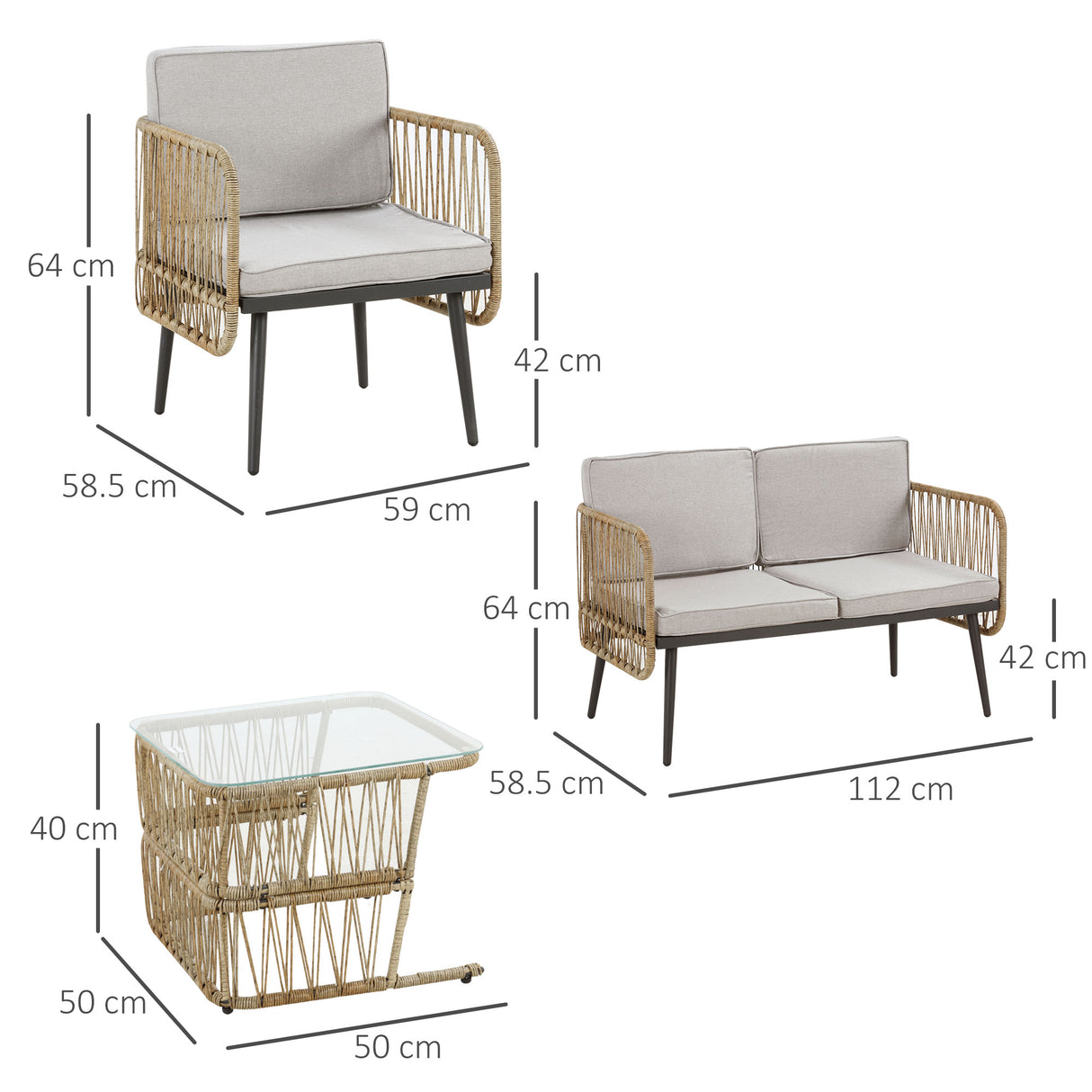 easycomfort easycomfort set da 4 pezzi in rattan pe 2 sedie divano 2 posti e tavolino in vetro temperato
