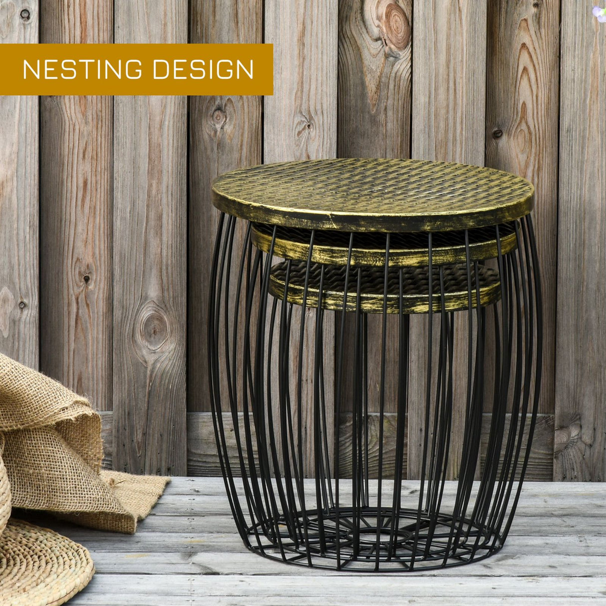 easycomfort easycomfort set di 3 tavolini da giardino impilabili arredamento da esterno stile industriale in metallo nero ean 8054144134789