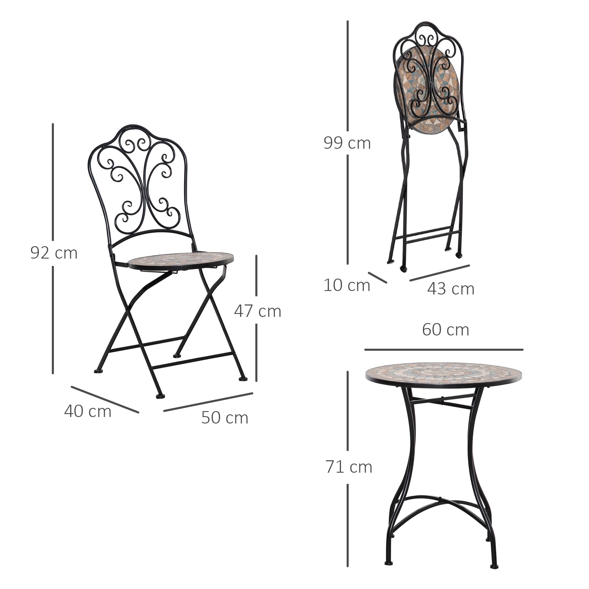 EASYCOMFORT Set Tavolo e Sedie da Balcone 3 Pezzi, Set da Giardino  Pieghevoli in Metallo con Maioliche Colorate, Multicolore