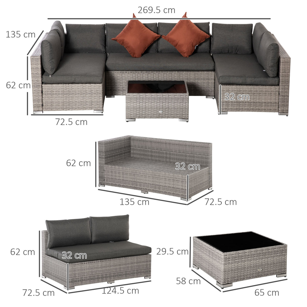 easycomfort easycomfort set mobili da giardino 4 pezzi in rattan pe salotto da esterno con 3 divani e 1 tavolino da caffe cuscini rimovibili e lavabili grigio