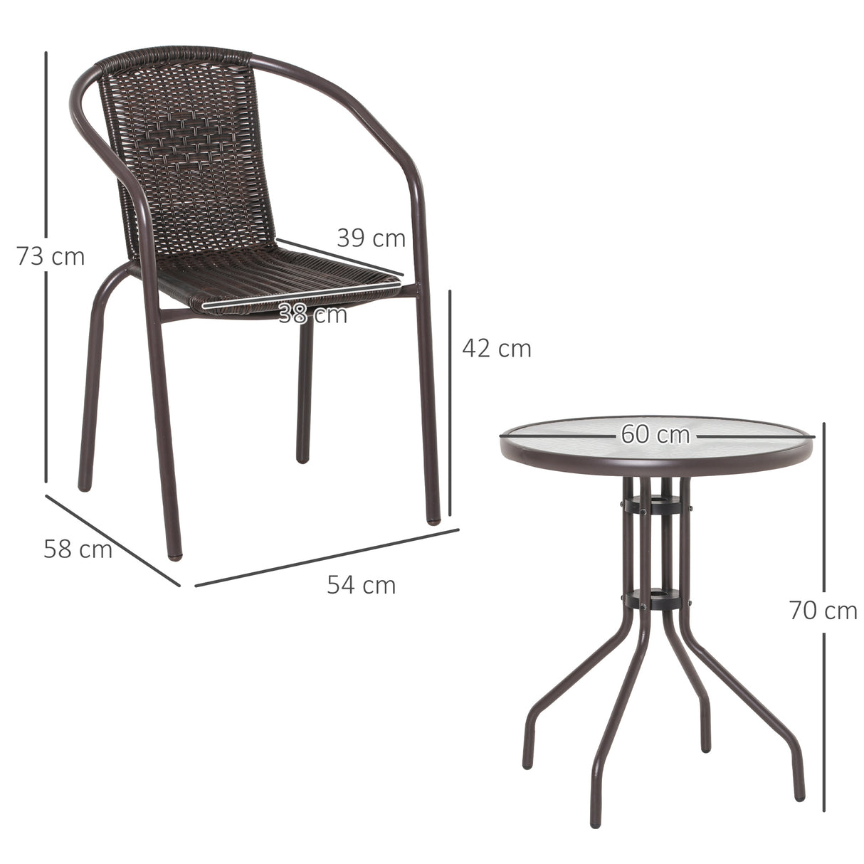 easycomfort easycomfort set tavolo in vetro e 2 sedie da giardino in acciaio e rattan pe marrone