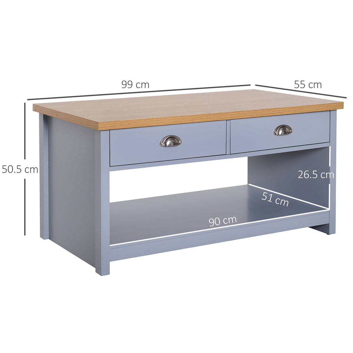 easycomfort easycomfort tavolino da caffe con maniglie 2 cassetti e 1 ripiano aperto in mdf 99x55x50 5cm