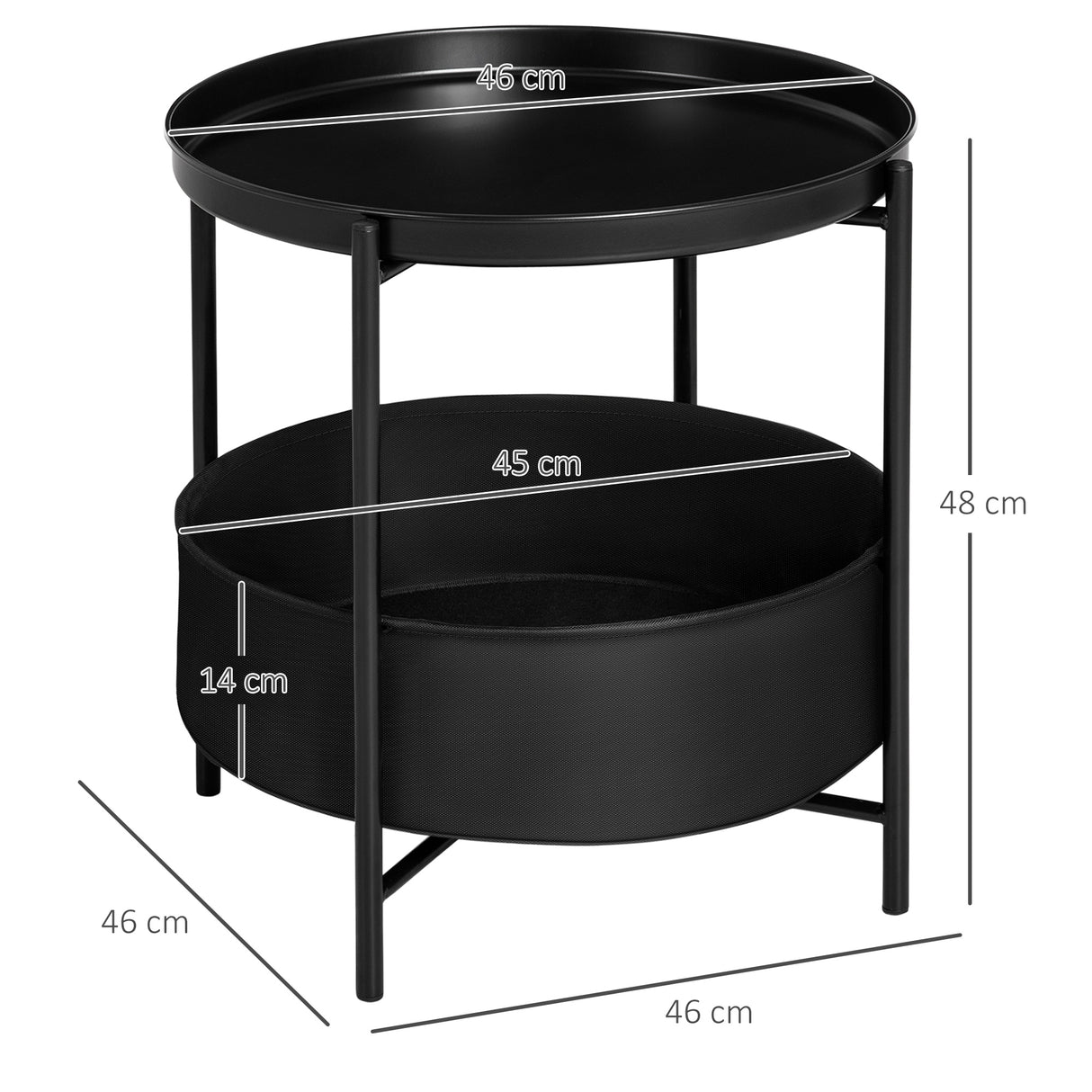 easycomfort easycomfort tavolino da caffe rotondo in acciaio con ripiano rimovibile e cestino in tessuto tavolino moderno nero 46x48cm