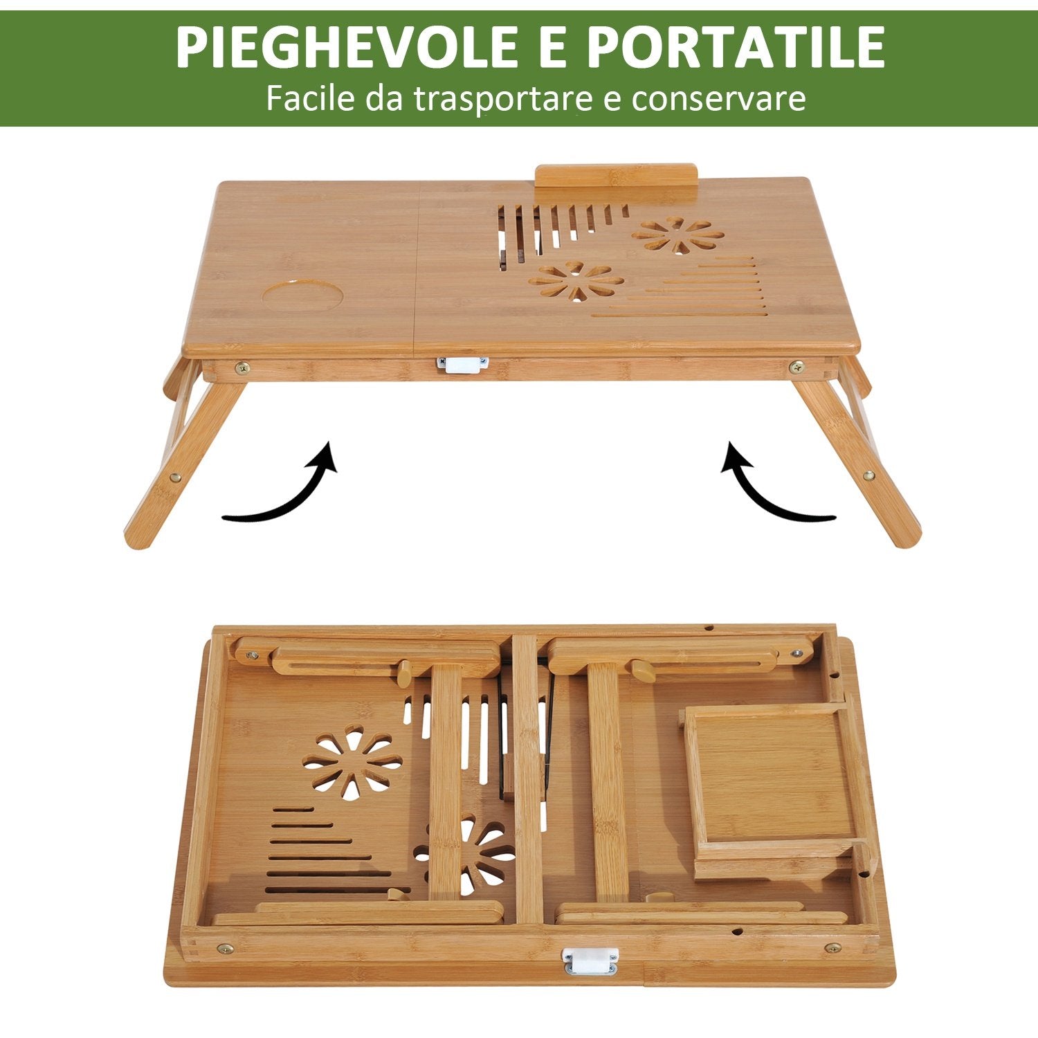 EASYCOMFORT Tavolino da Letto per PC Portatile con Sistema di  Raffreddamento in Bambù 55 × 35 × 22-30cm