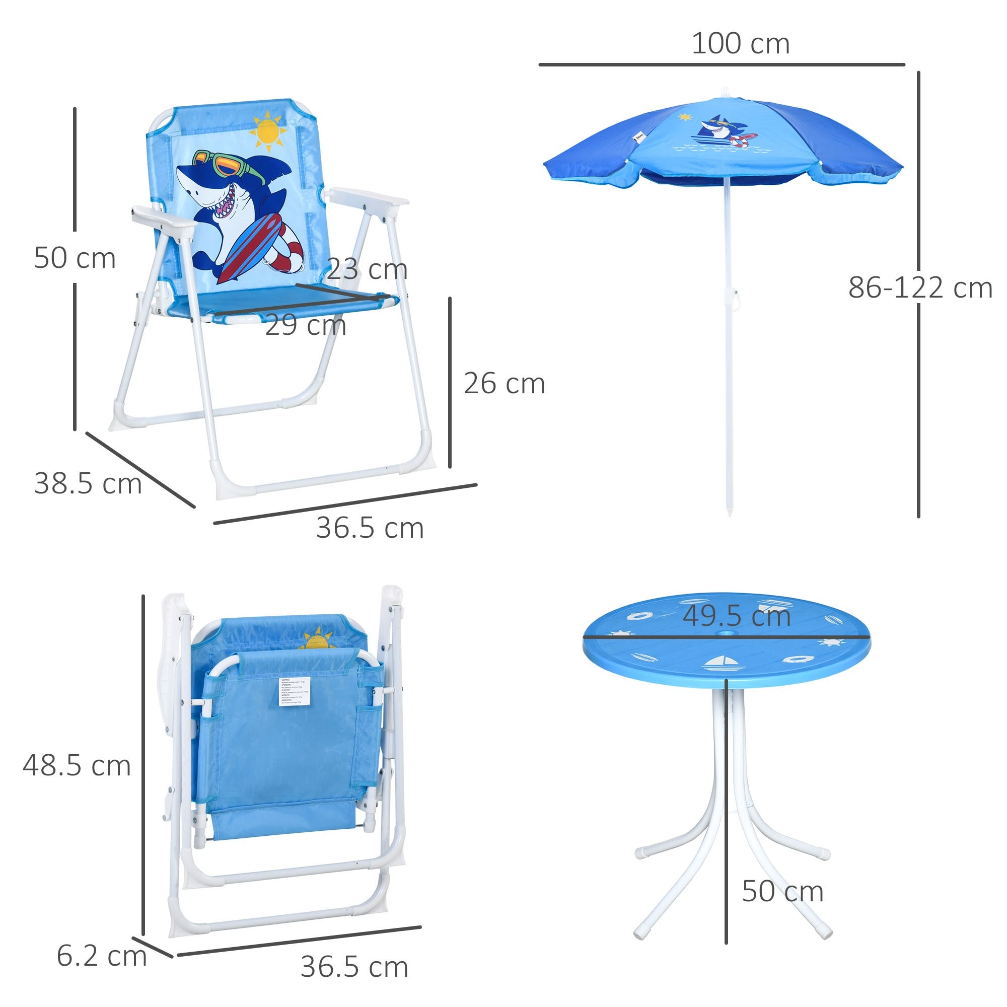 EASYCOMFORT Tavolo e Sedie per Bambini da Giardino con Ombrellone  Regolabile, Set 4 Pezzi, Età 3-6 Anni, Blu