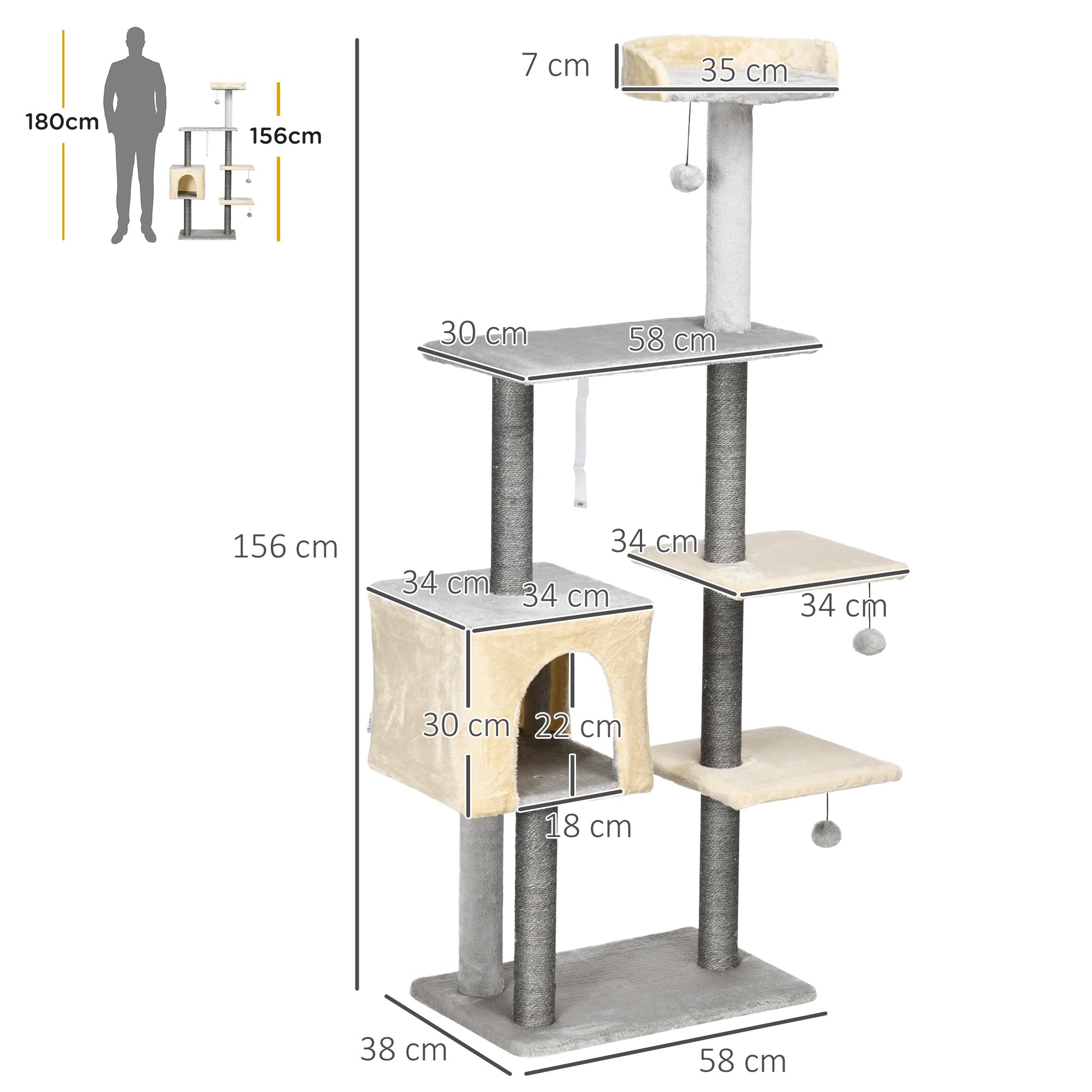 EASYCOMFORT Tiragraffi per Gatti Alto 156cm con Lettino, Casetta e Pali  Tiragraffi in Sisal