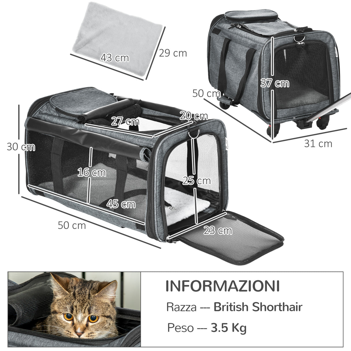 easycomfort easycomfort trasportino per cani e gatti 4 in 1 pieghevole con maniglia telescopica 50x31x37 cm grigio