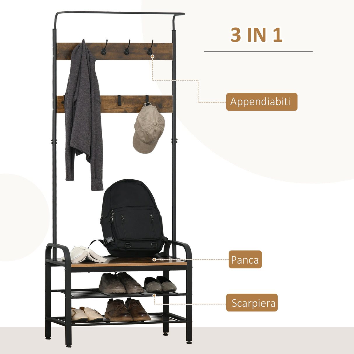 easycomfort easycomfort appendiabiti stile industriale con scarpiera in legno mdf e metallo 72x34x185cm