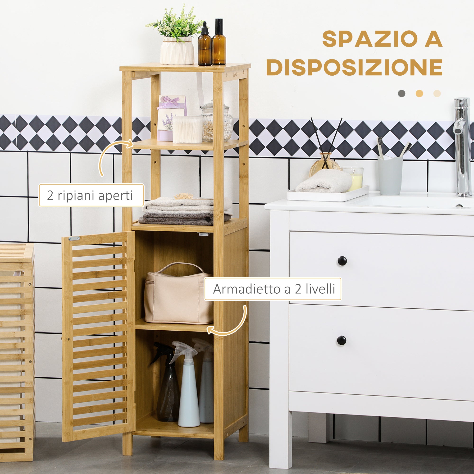 EASYCOMFORT Armadietto Bagno in Bambù con 2 Ripiani Aperti e Armadietto a 2  Livelli, 32.9x29.9x120 cm