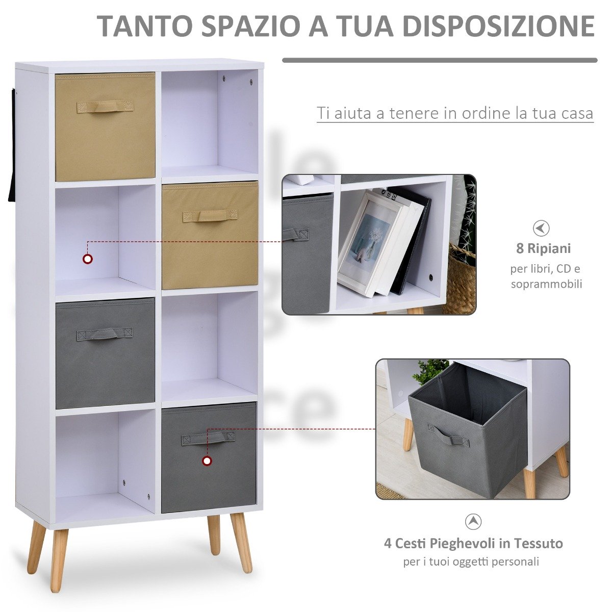 easycomfort easycomfort armadietto libreria in legno bianco 8 ripiani e 4 cassetti pieghevoli in tessuto grigio e marrone ean 8054111848756