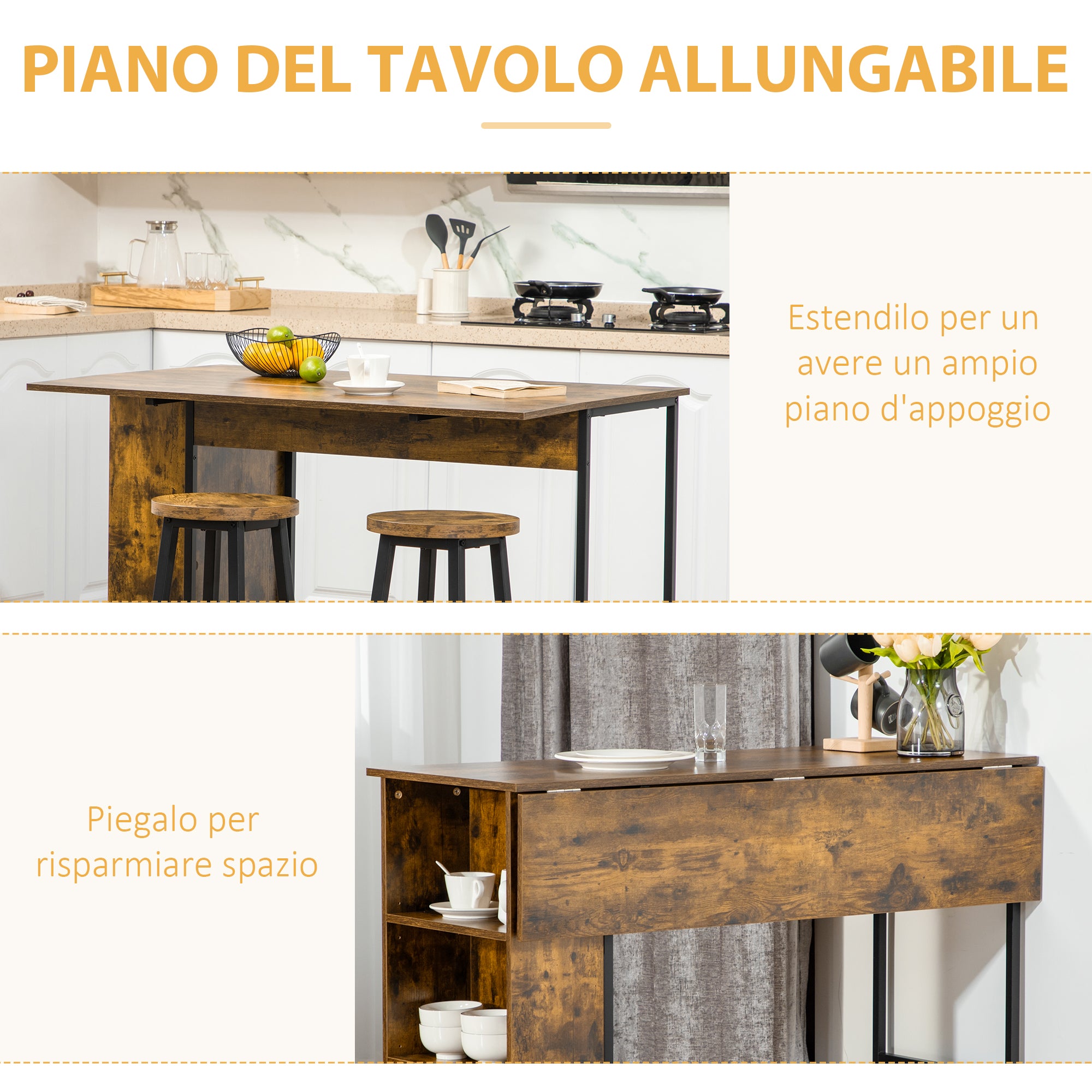 EASYCOMFORT Bancone Bar Pieghevole Stile Industriale con Scaffale a 3  Ripiani, 120x76x91.4cm