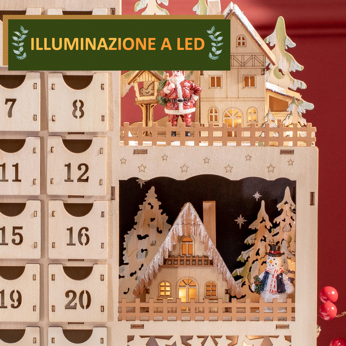 easycomfort easycomfort calendario avvento di natale rettangolare con motivi a tema e 12 luci a led 22x9x30 cm in compensato arancione