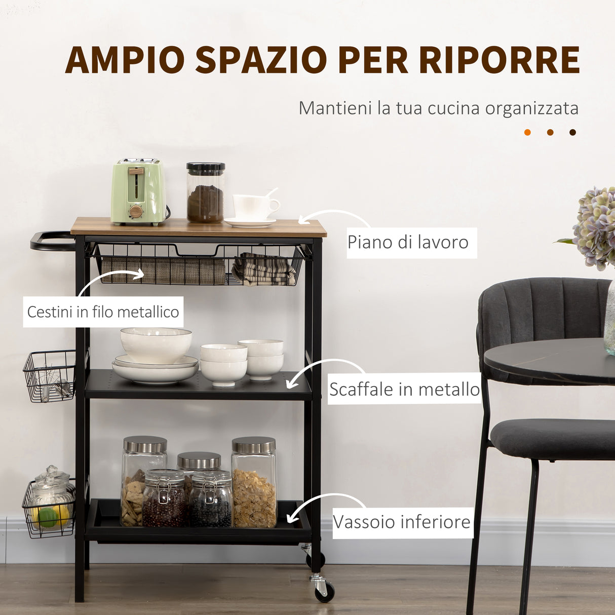 easycomfort easycomfort carrello da cucina a 3 livelli con 2 ruote cesto estraibile e vassoio 75x43 5x91 cm color legno e nero