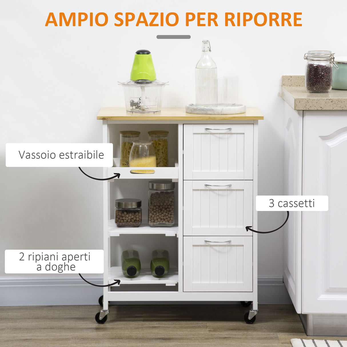 easycomfort easycomfort carrello da cucina con 3 cassetti 2 ripiani aperti e vassoio rimovibile in mdf e legno di pino 67x37x87 cm