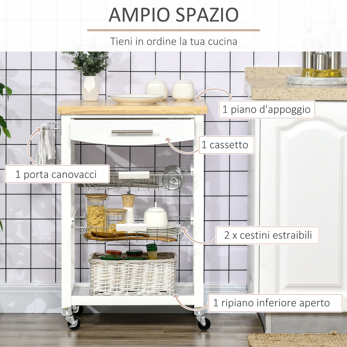 easycomfort easycomfort carrello da cucina con cassetto cestini e ruote girevoli 63x40x86cm bianco