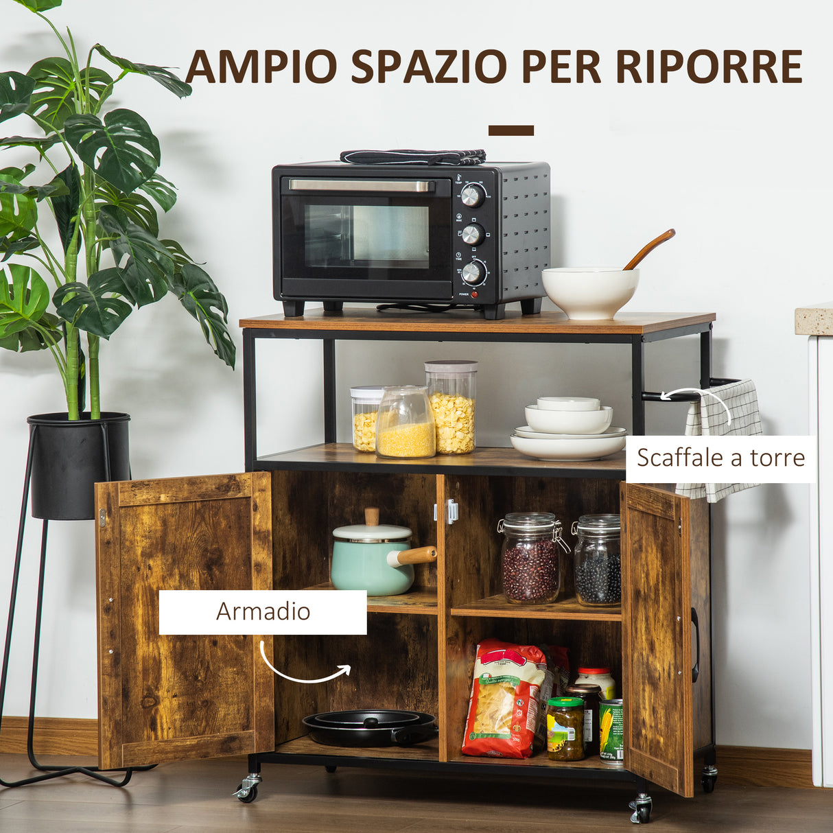 easycomfort easycomfort carrello da cucina con ripiano aperto armadietto portasciugamani e 4 ruote 90x40x90cm