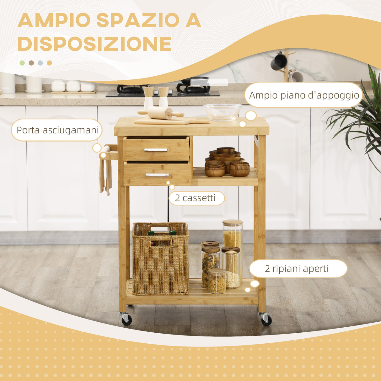easycomfort easycomfort carrello da cucina in bambu con portasciugamani 2 cassetti e 2 ripiani aperti 83x45x96 cm