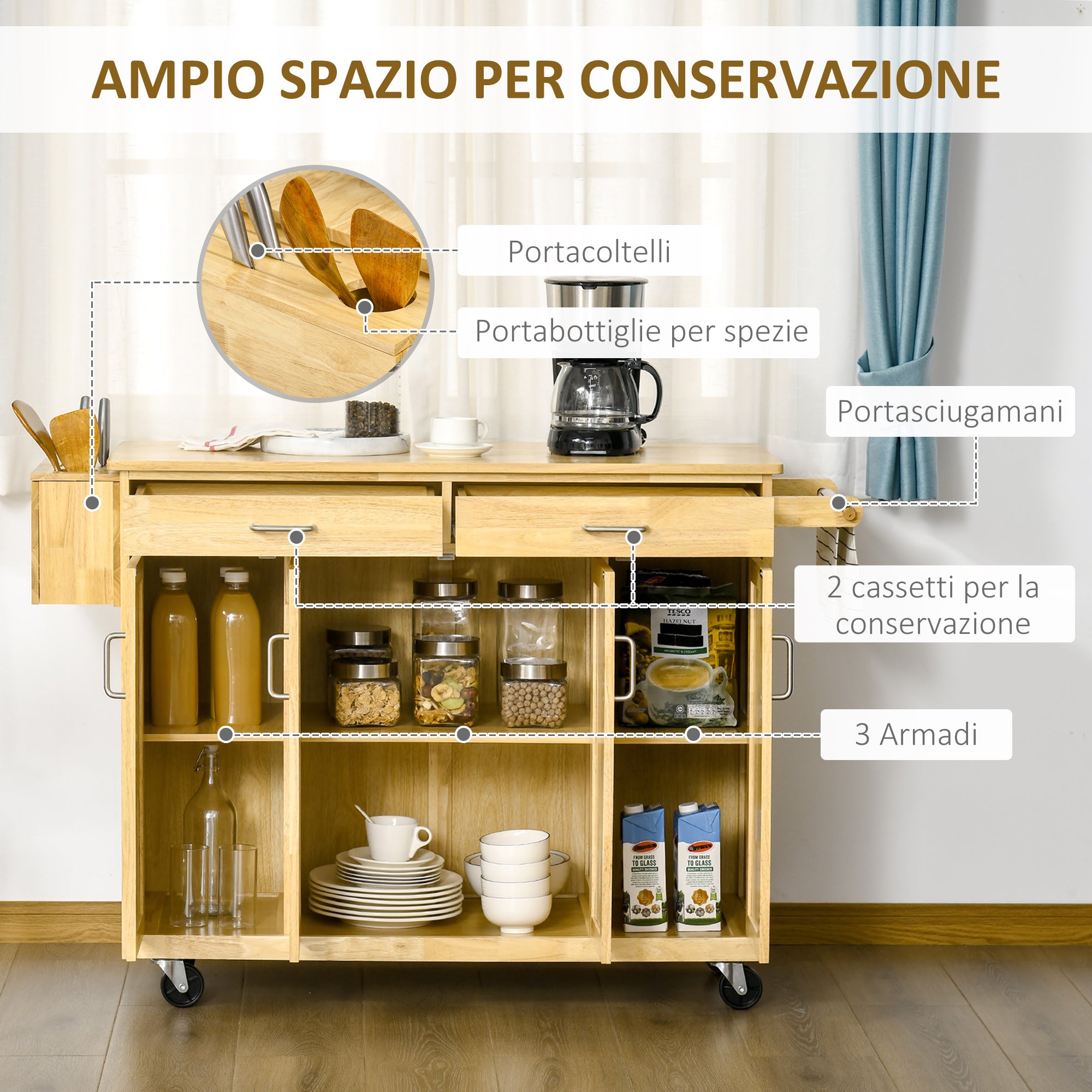 EASYCOMFORT Carrello da Cucina in Legno con Cassetto, Armadietto e Ruote,  136x47x91,5cm