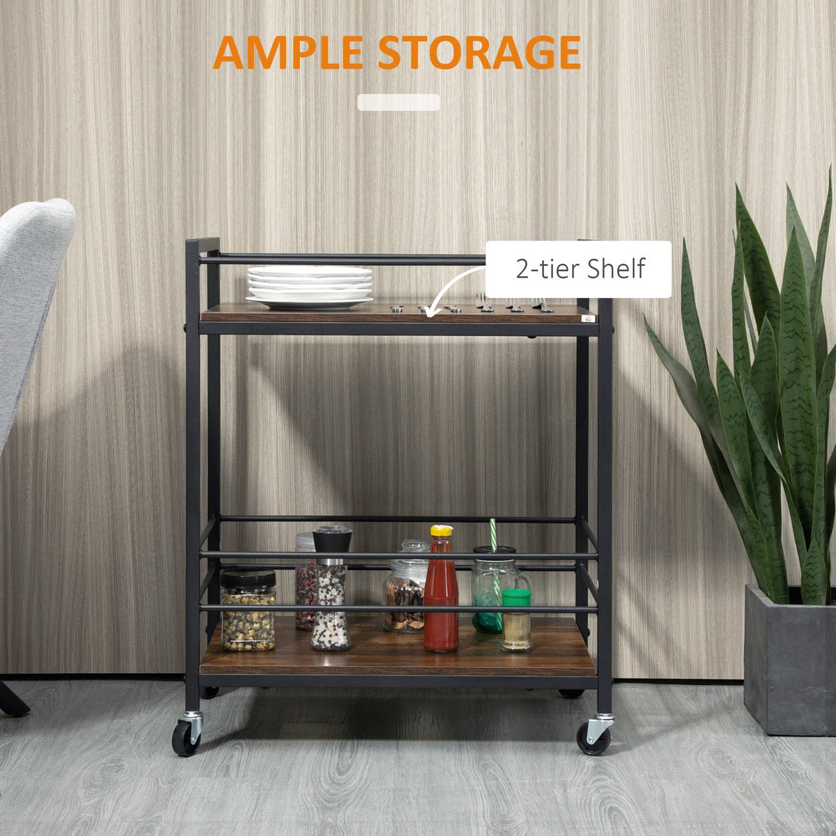 easycomfort easycomfort carrello da cucina portavivande con ruote girevoli in acciaio e legno 62x40x75cm