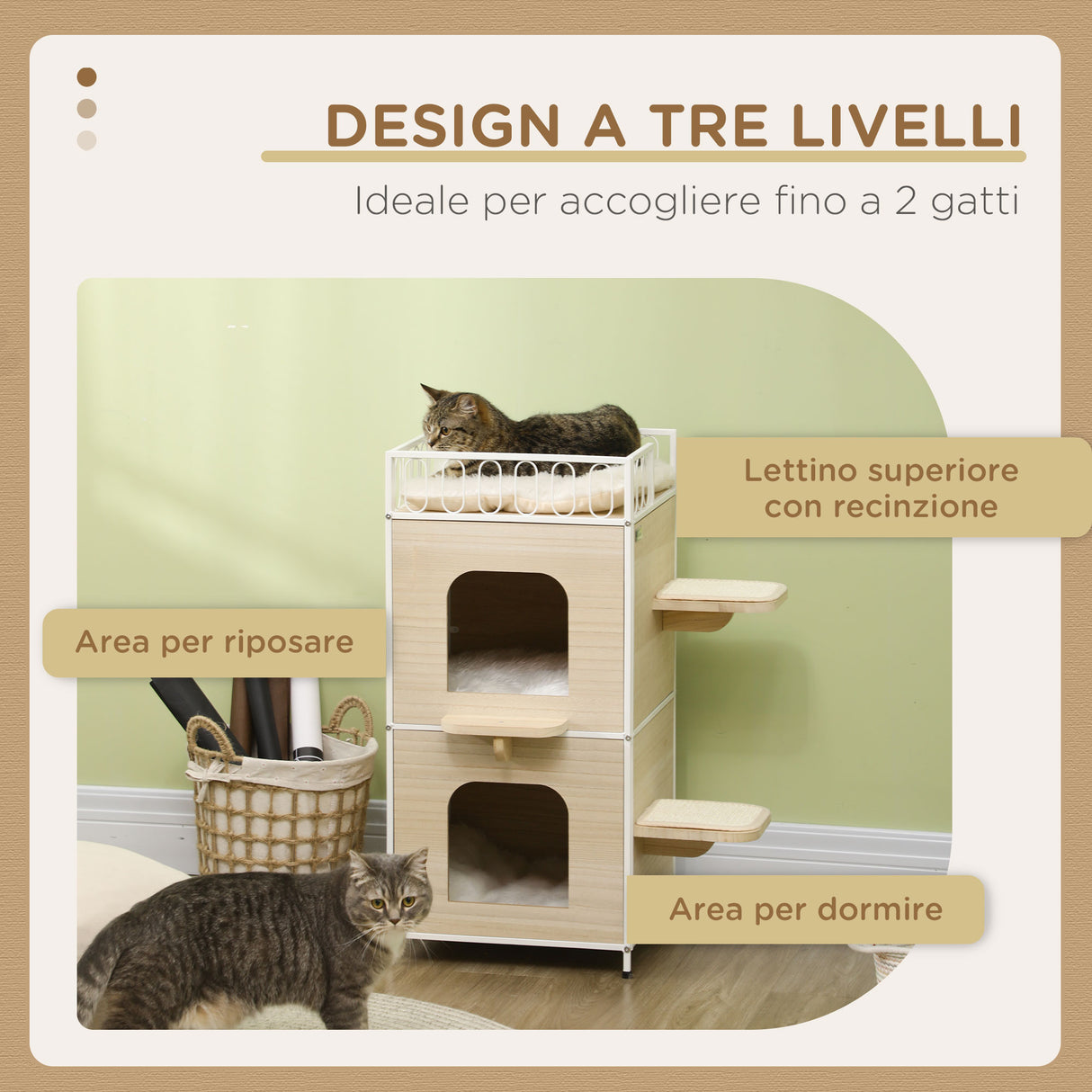 easycomfort easycomfort casetta per gatti a 3 piani con tiragraffi e superficie recintata 40x40x84 cm color legno e bianco