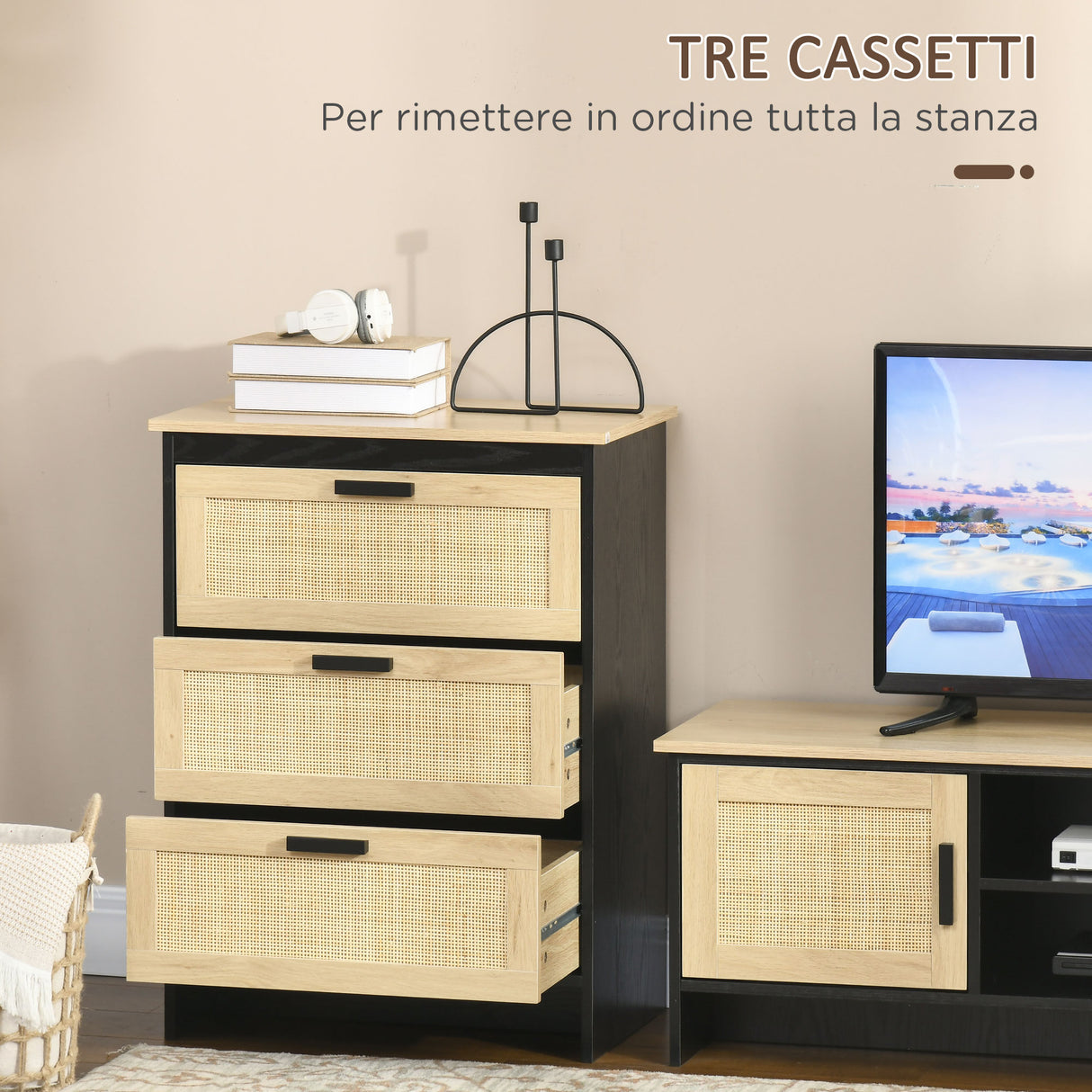 easycomfort easycomfort cassettiera 3 cassetti in truciolato e rattan per soggiorno e camera da letto 60x40x80 cm nero e color legno