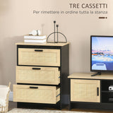 easycomfort easycomfort cassettiera 3 cassetti in truciolato e rattan per soggiorno e camera da letto 60x40x80 cm nero e color legno