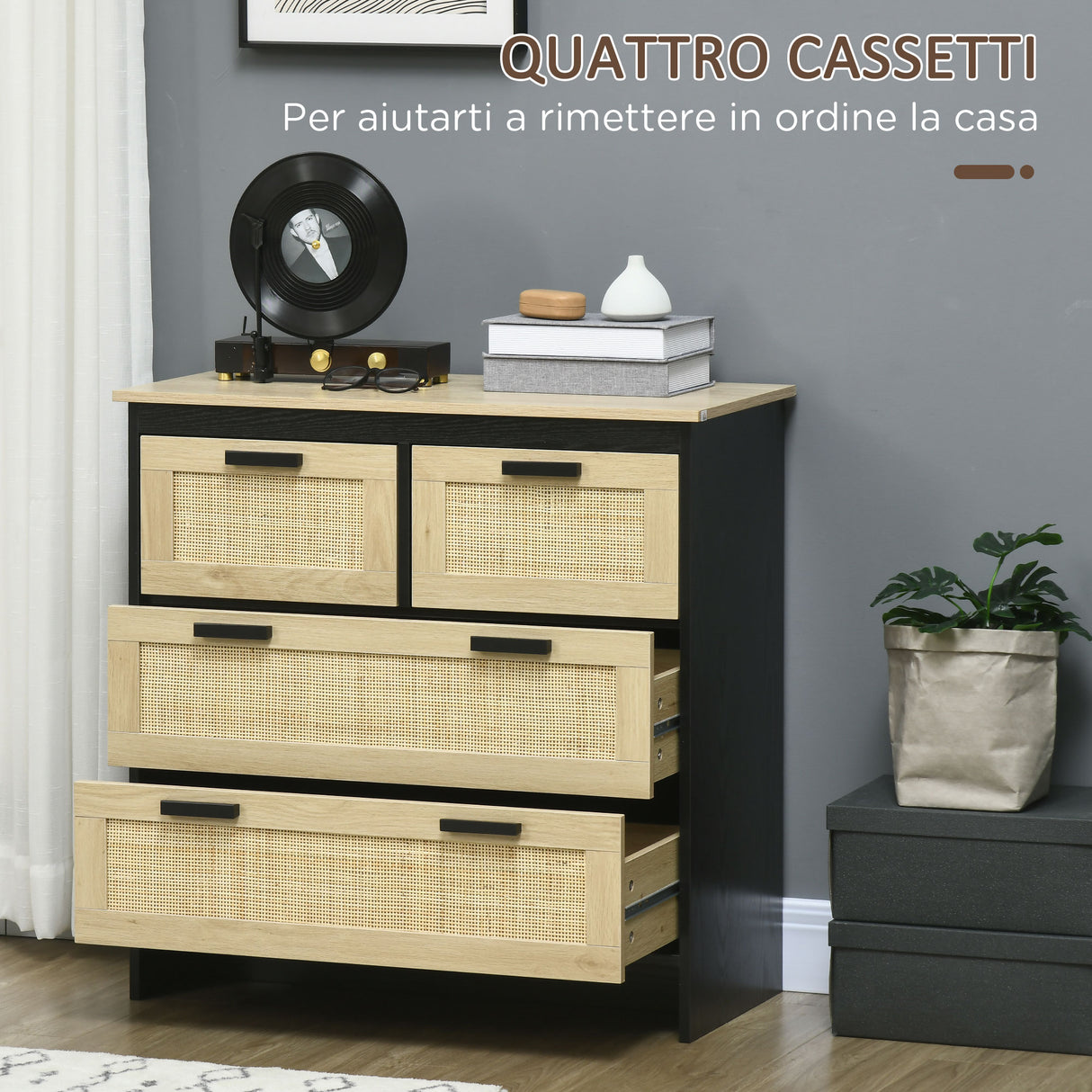 easycomfort easycomfort cassettiera 4 cassetti in truciolato e rattan per soggiorno e camera da letto 80x38x80 cm nero e color legno