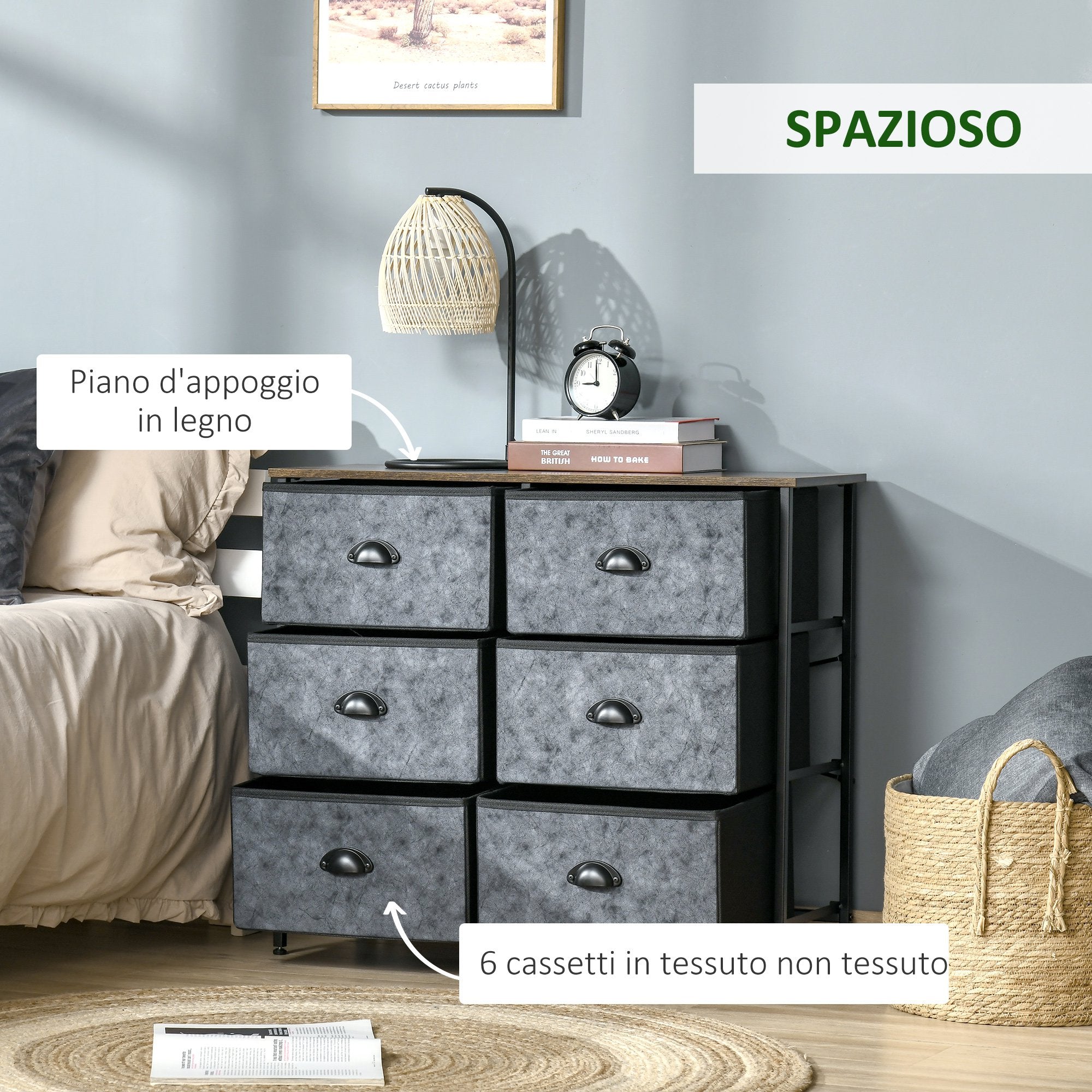 EASYCOMFORT Cassettiera con 6 Cassetti in Tessuto, Mobile Multiuso Stile  Industriale in Acciaio, 80x30x70cm - Marrone/Grigio