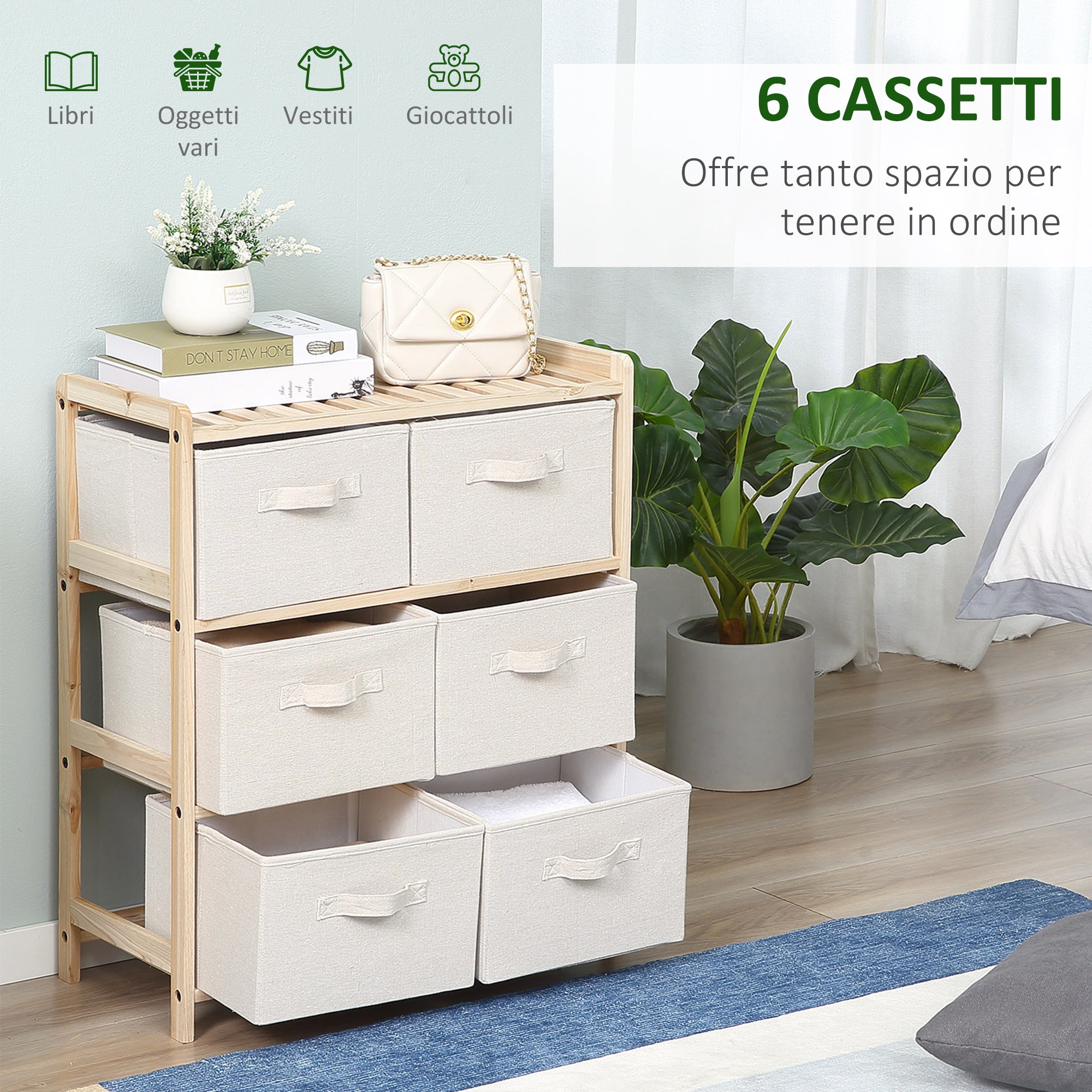 EASYCOMFORT Cassettiera con 6 Cassetti in Tessuto Pieghevoli ed Estraibili,  59x28x70cm - Legno/Beige