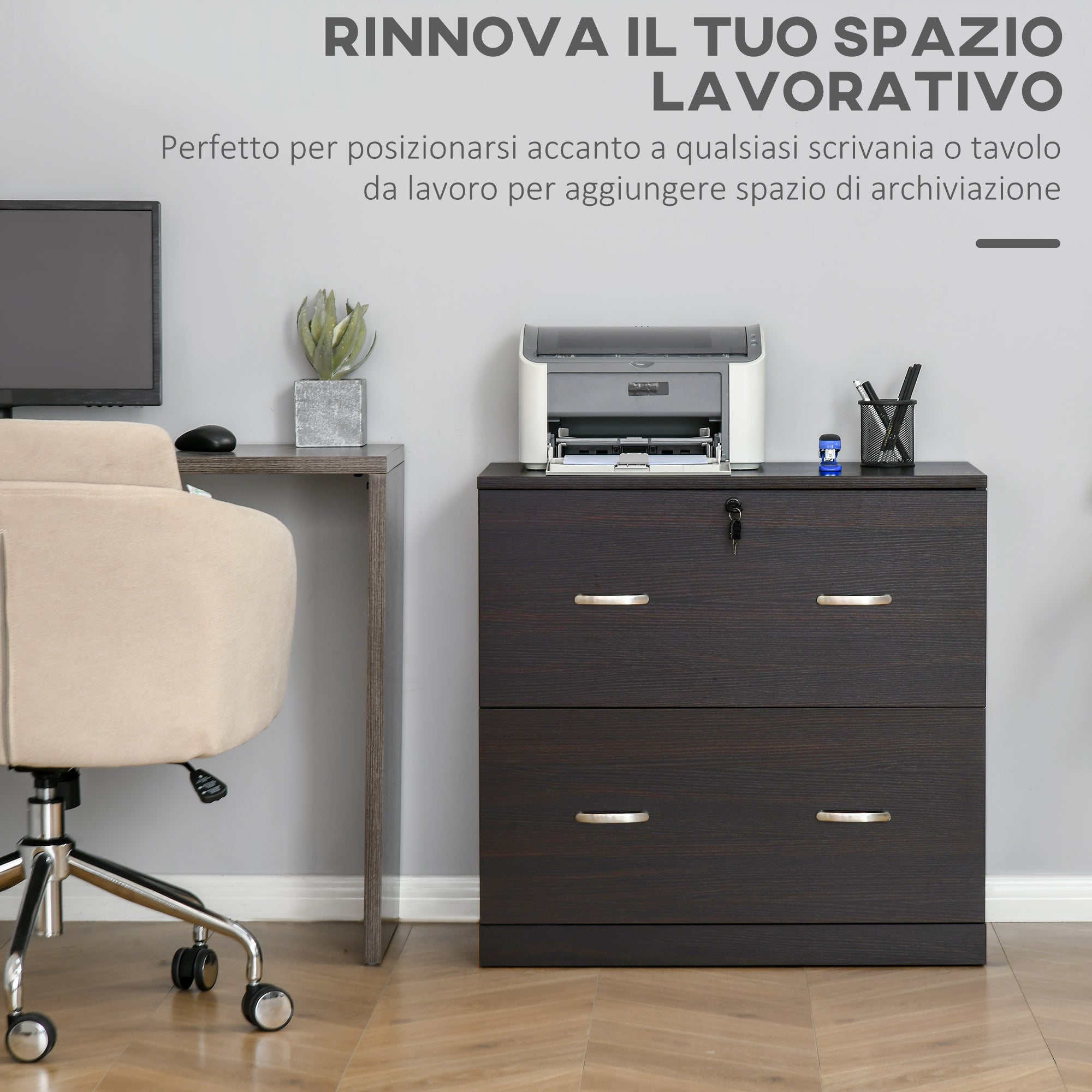 EASYCOMFORT Cassettiera Ufficio in Legno con 2 Cassetti, Serratura e 2  Chiavi, Color Noce
