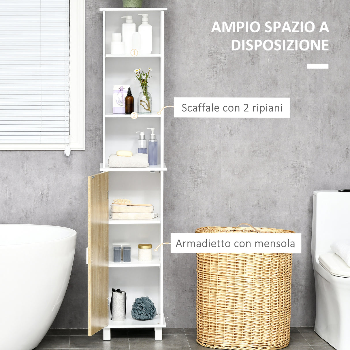 easycomfort easycomfort colonna bagno salvaspazio con 3 vani aperti e armadietto in legno 33 5x29x169cm bianco e marrone chiaro