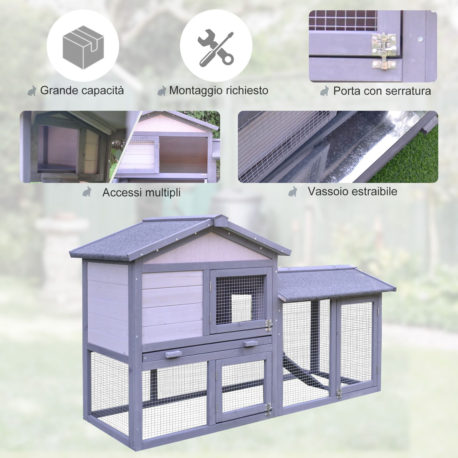 EASYCOMFORT Conigliera da Esterno e Interno in Legno con Casetta