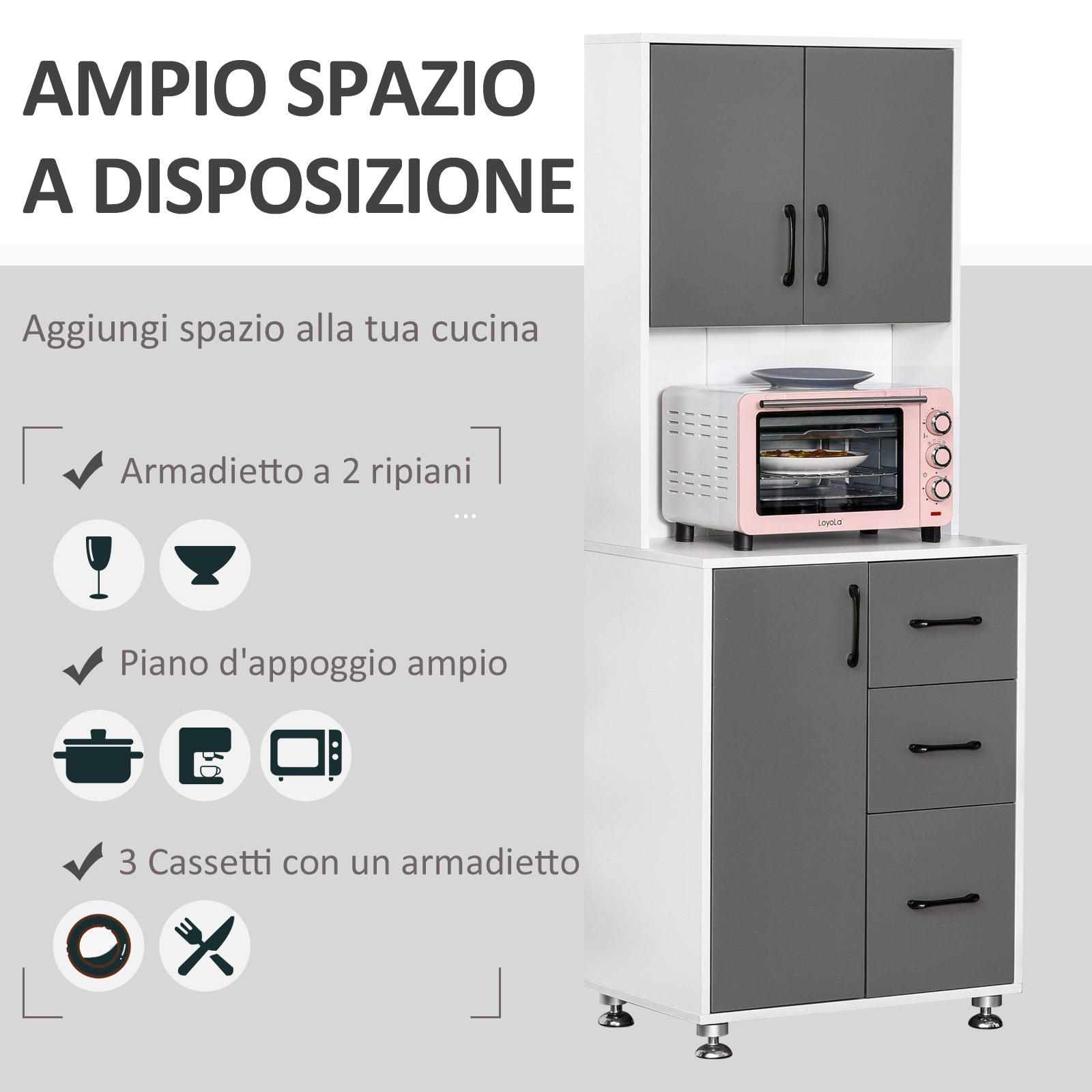 EASYCOMFORT Credenza Moderna con Armadietti e Cassetto, Mobile Cucina  Salvaspazio in Legno e Vetro 60x40x95cm, Bianco