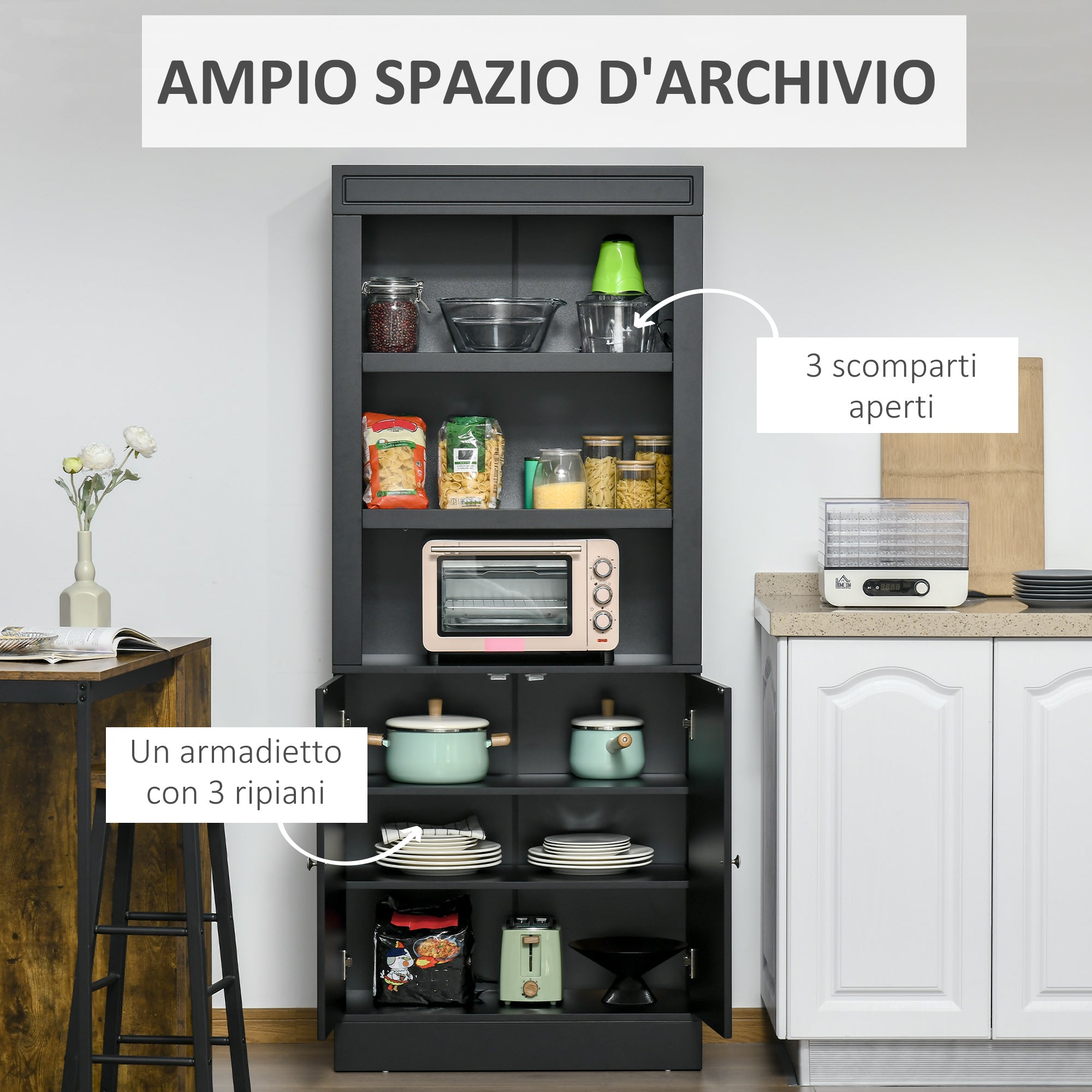 EASYCOMFORT Credenza Cucina in Legno con Ripiani e Armadietto 2 Ante con  Mensole Regolabili, 74.6x35.5x182.5cm