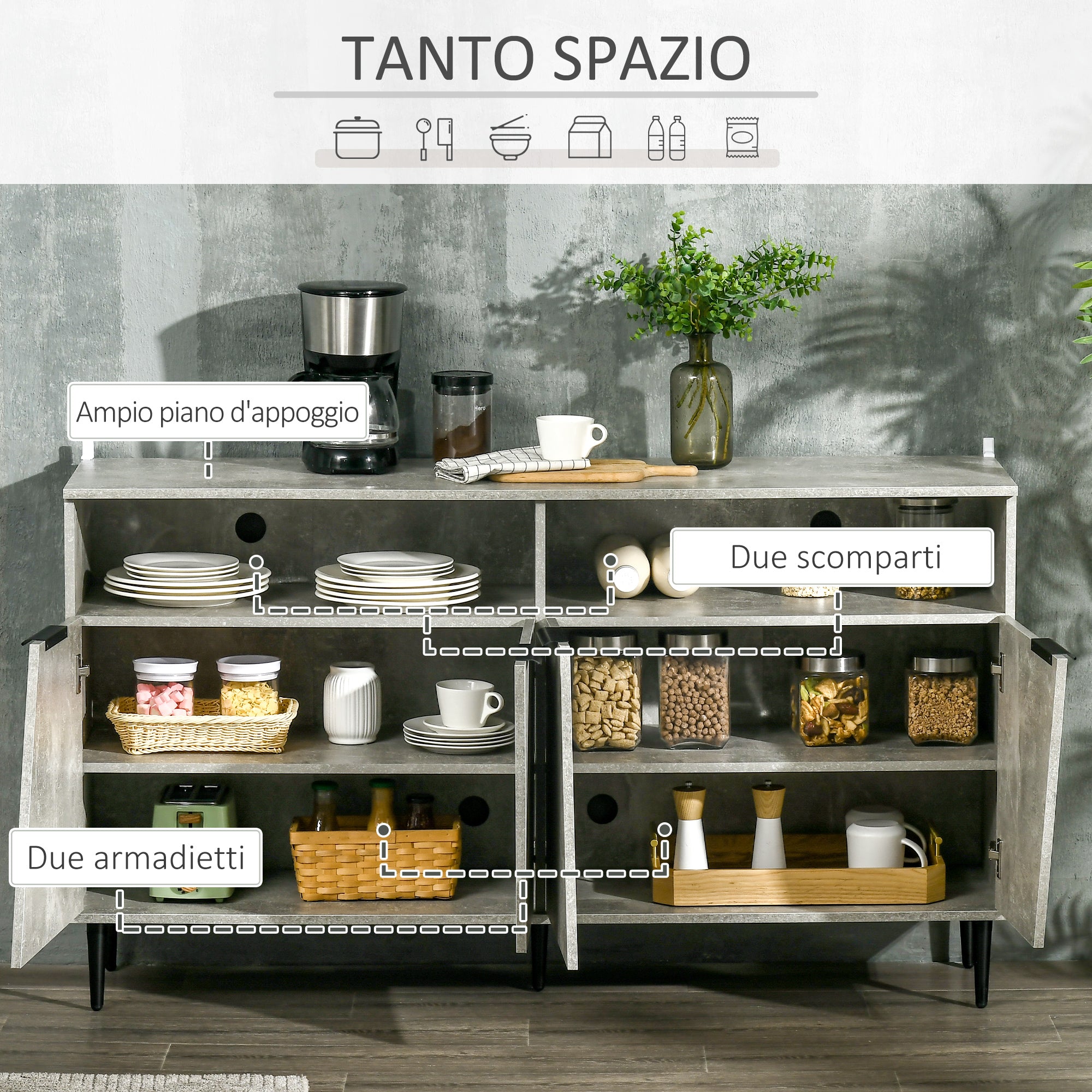 EASYCOMFORT Credenza Moderna in Legno con 2 Armadietti e Ripiani, Mobile  Cucina e per Ingresso Grigio Chiaro, 100x34x87.2cm