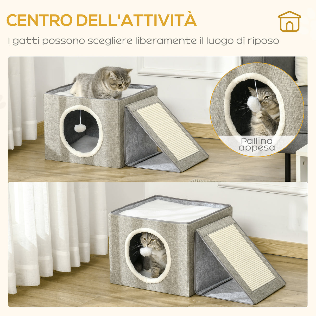 easycomfort easycomfort cuccia per gatti pieghevole e portatile casetta per gatti con pannello tiragraffi 2 cuscini e pallina in peluche e tessuto grigio