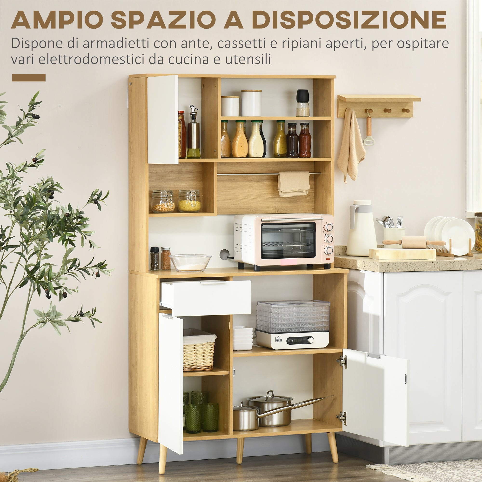 EASYCOMFORT Dispensa da Cucina in Truciolato con Armadietti, Cassetti,  Ripiani Regolabili e Appendino, 93x40x180 cm
