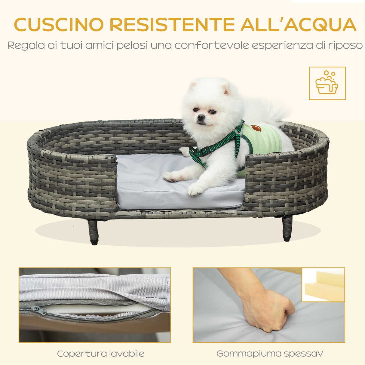 easycomfort easycomfort divano per cani di taglia piccola e media divano rialzato in rattan pe con cuscino impermeabile in gommapiuma 74x42x21cm marrone e grigio