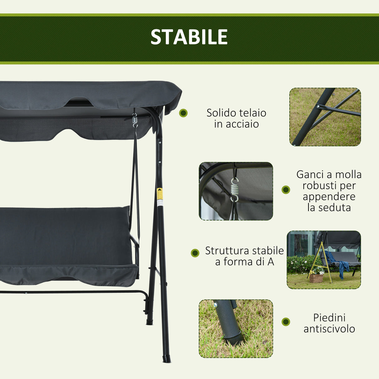 easycomfort easycomfort dondolo da giardino 3 posti con tettuccio parasole regolabile e cuscini 172lx120x153cm grigio
