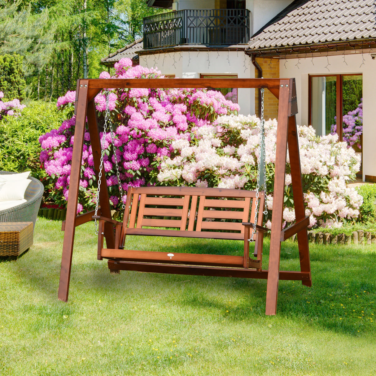 easycomfort easycomfort dondolo da giardino in legno a 2 posti con catene in metallo arredamento da esterno color teak 160x121x165cm