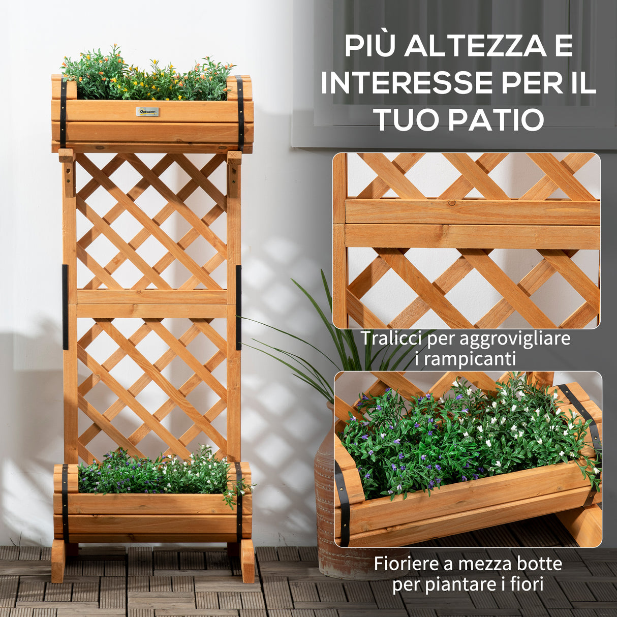 easycomfort easycomfort fioriera da esterno a mezza botte in legno di abete marrone con grigliato per rampicanti 45x35x112 cm