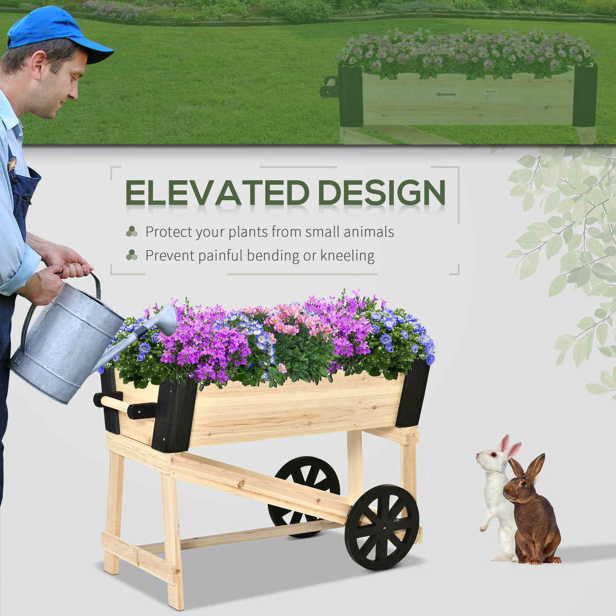 easycomfort easycomfort fioriera rialzata a 2 ruote da esterno in legno naturale per fiori e piante da giardino