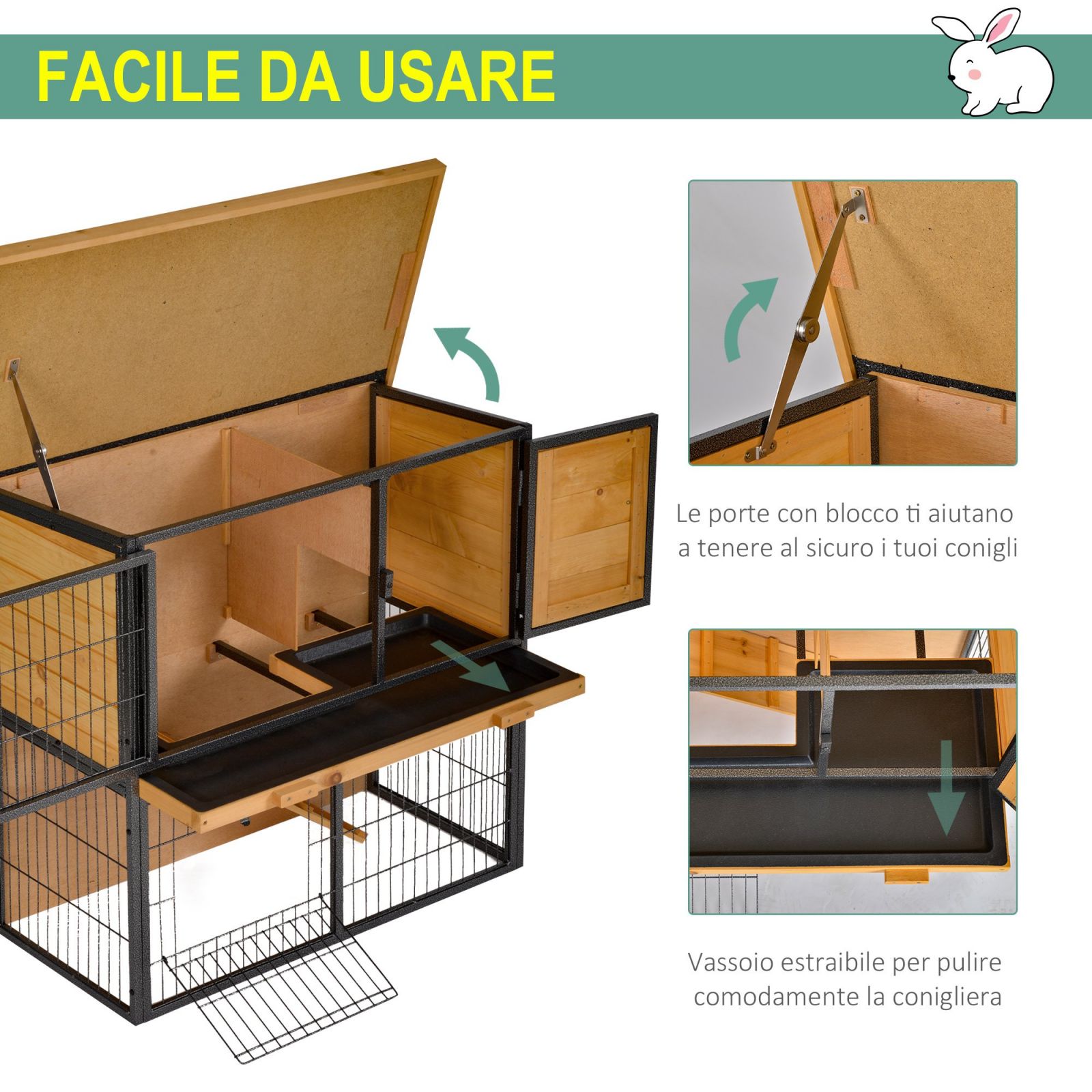 EASYCOMFORT Gabbia per Conigli con Rampa e Area Aperta, Conigliera in Legno  e Metallo su 2 Livelli, Giallo Chiaro, 89.5x45x81cm