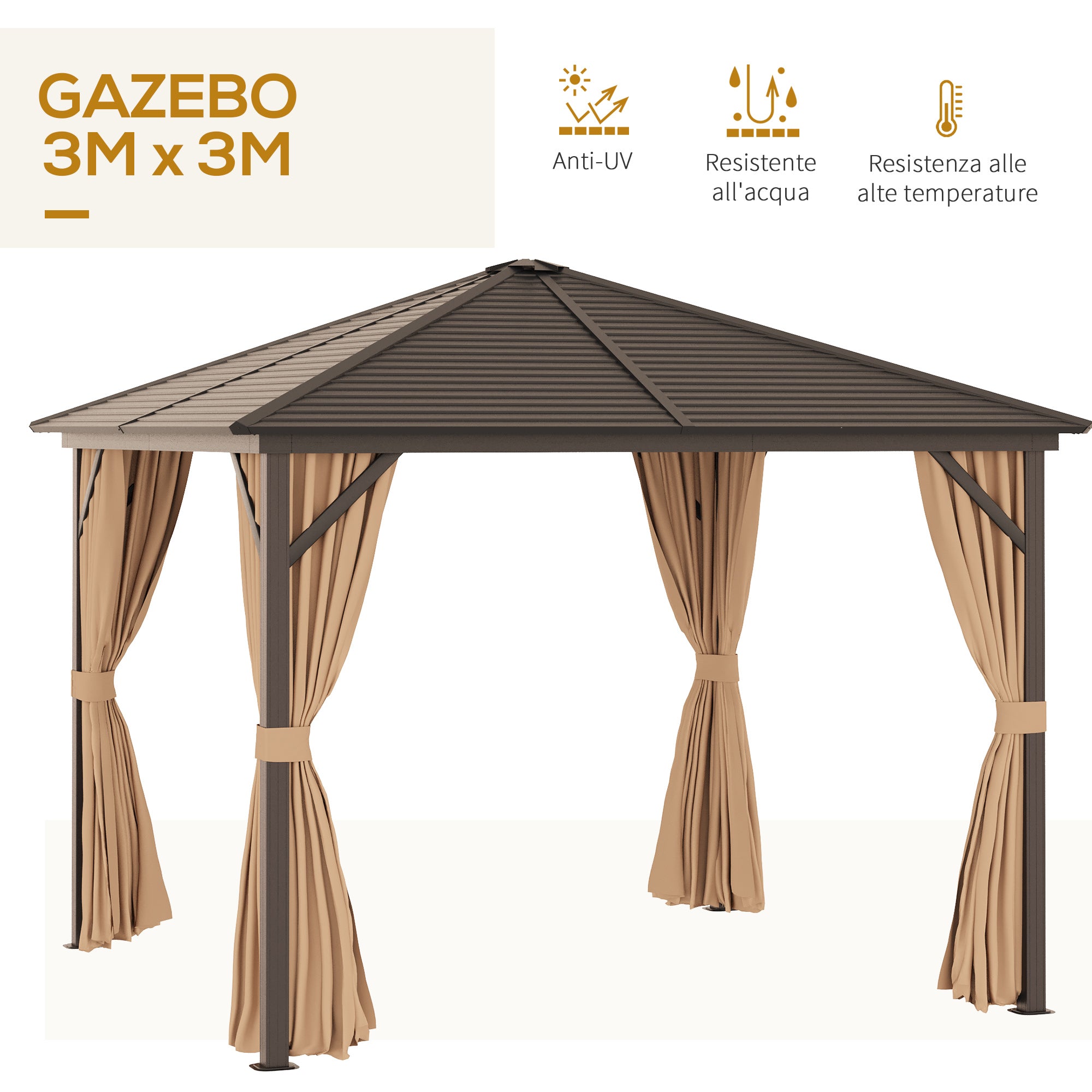 EASYCOMFORT Gazebo da Giardino 3x3m in Alluminio con Zanzariera, Tende  Laterali e Tetto Rigido, Marrone