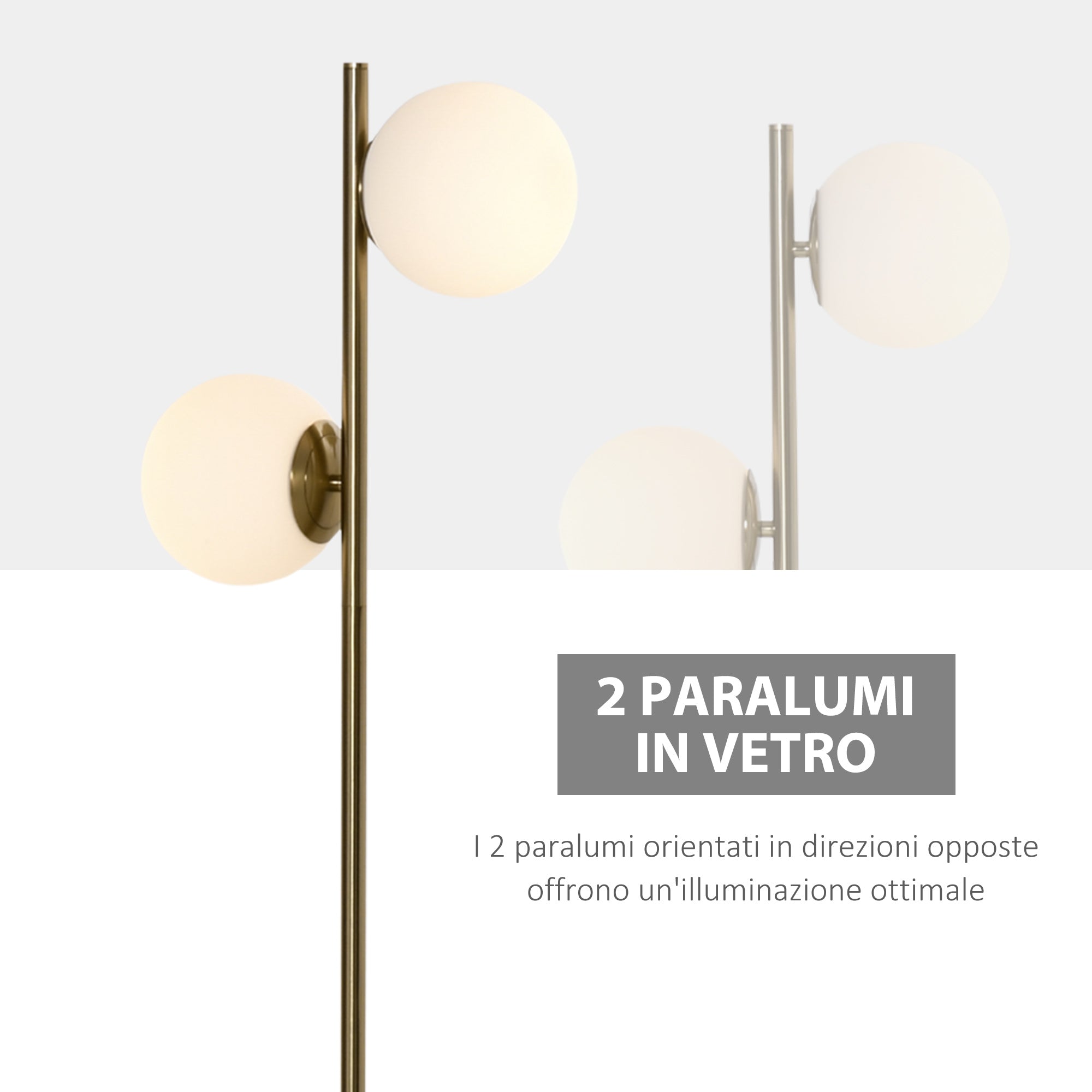 EASYCOMFORT Lampada da Terra con 2 Paralumi a Sfera e Interruttore a Pedale,  35x35x165cm, Oro e Bianco