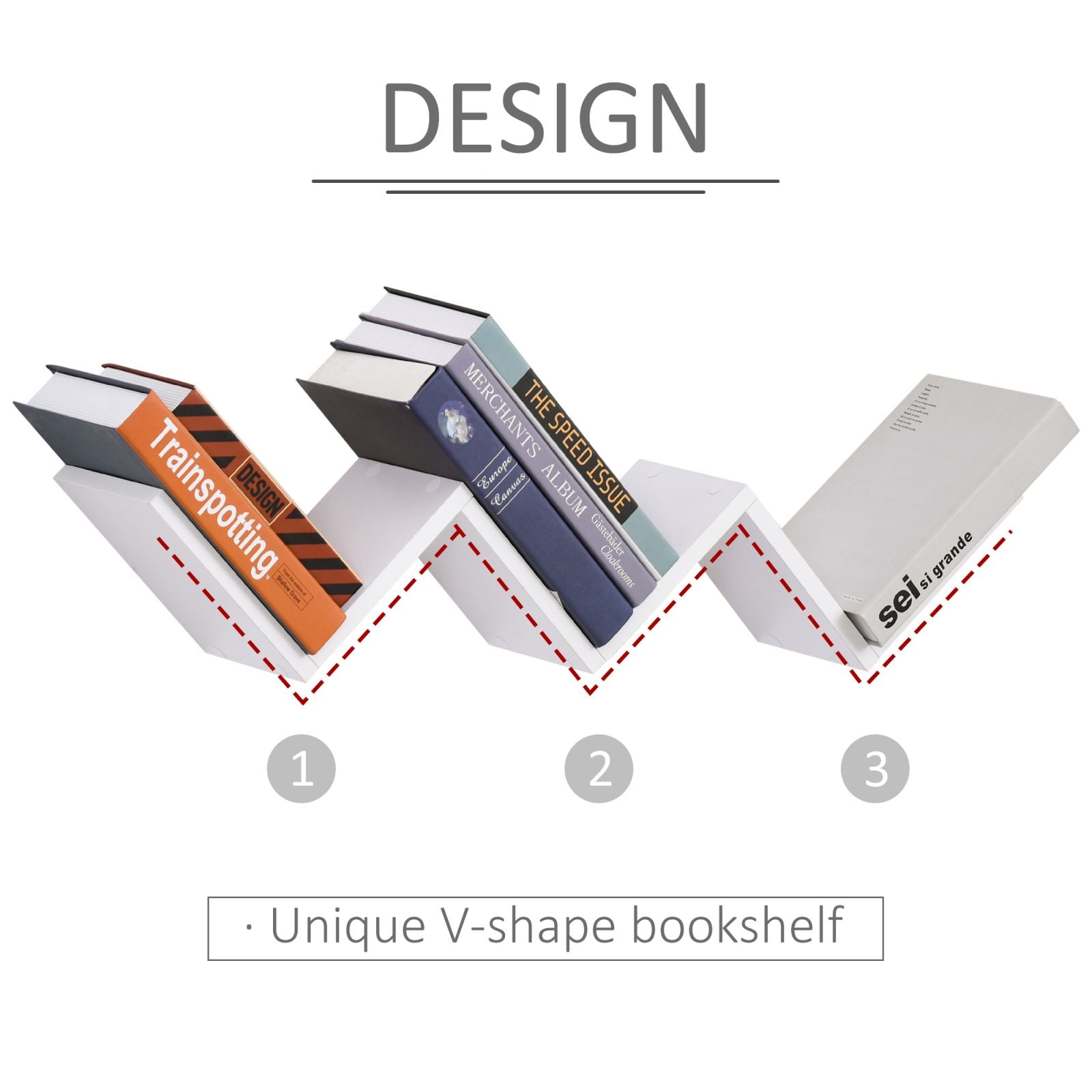 EASYCOMFORT Libreria a Parete Sospesa di Design in Legno a Forma di V, per  Casa e Ufficio, Bianco, 80.6 x 16 x 15.2cm