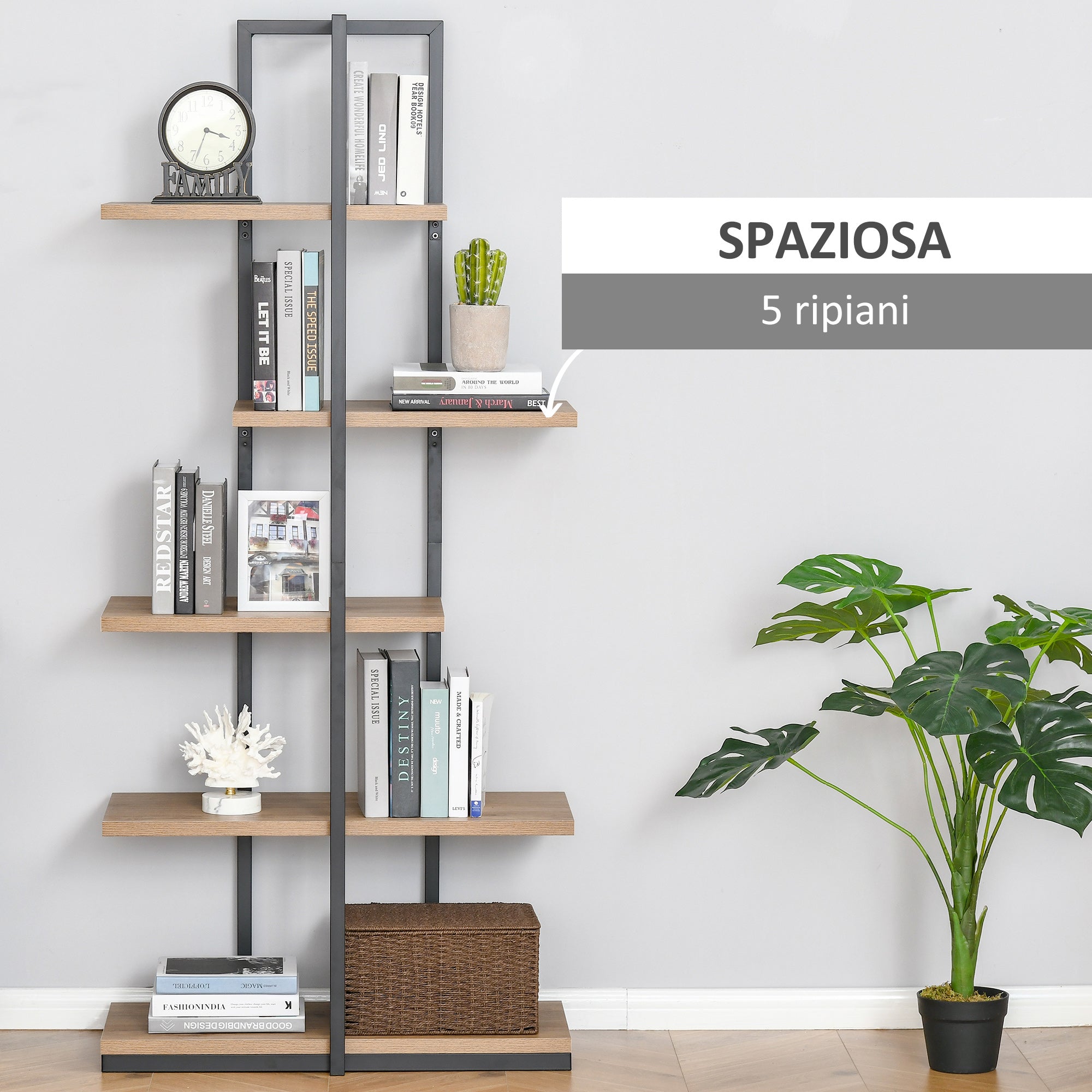 EASYCOMFORT Libreria a Scala con 5 Ripiani in Stile Industriale in Legno e  Metallo, 60x30x184.5cm, Marrone