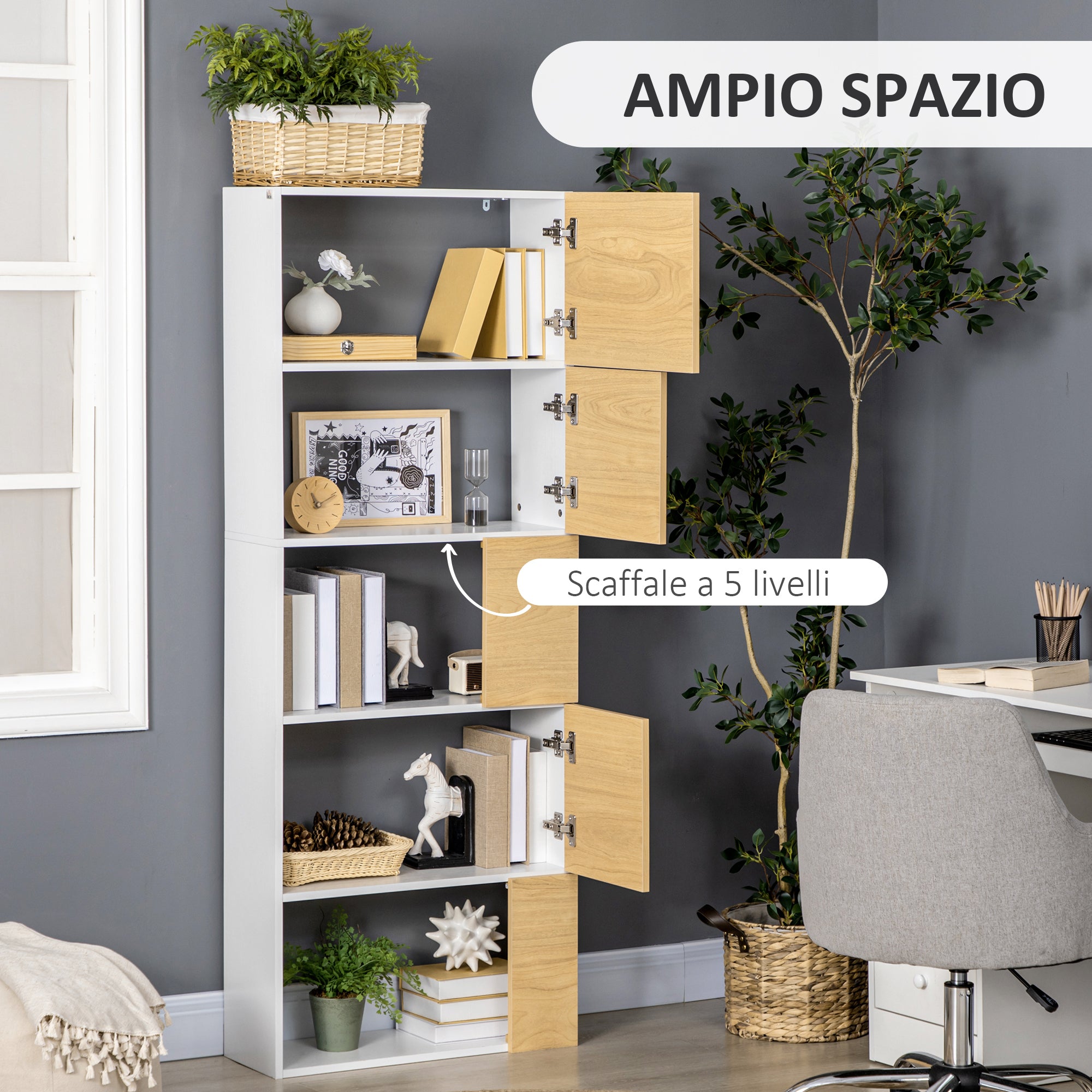 EASYCOMFORT Libreria Moderna con Scaffali Asimmetrici e Ante Soft Close,  63x22x166cm, Bianco e Naturale