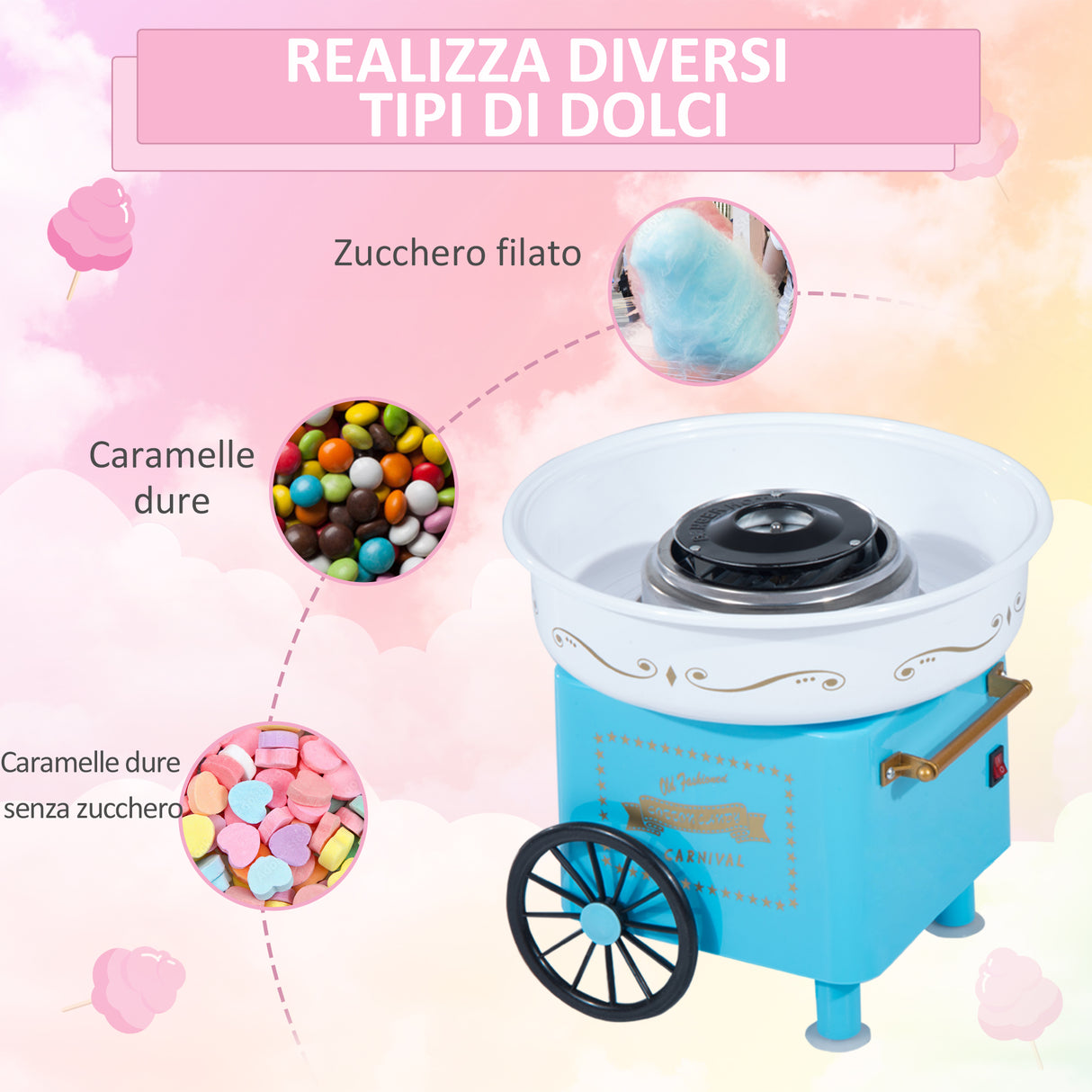 easycomfort easycomfort macchina per zucchero filato 450w con accessori 30x30x28cm azzurra