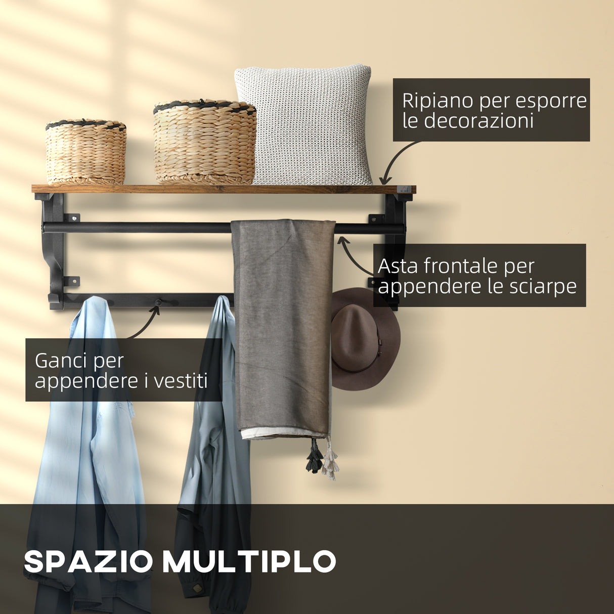 easycomfort easycomfort mensola portaoggetti salvaspazio a parete con 7 ganci e asta in acciaio e truciolato 66x30x27 cm